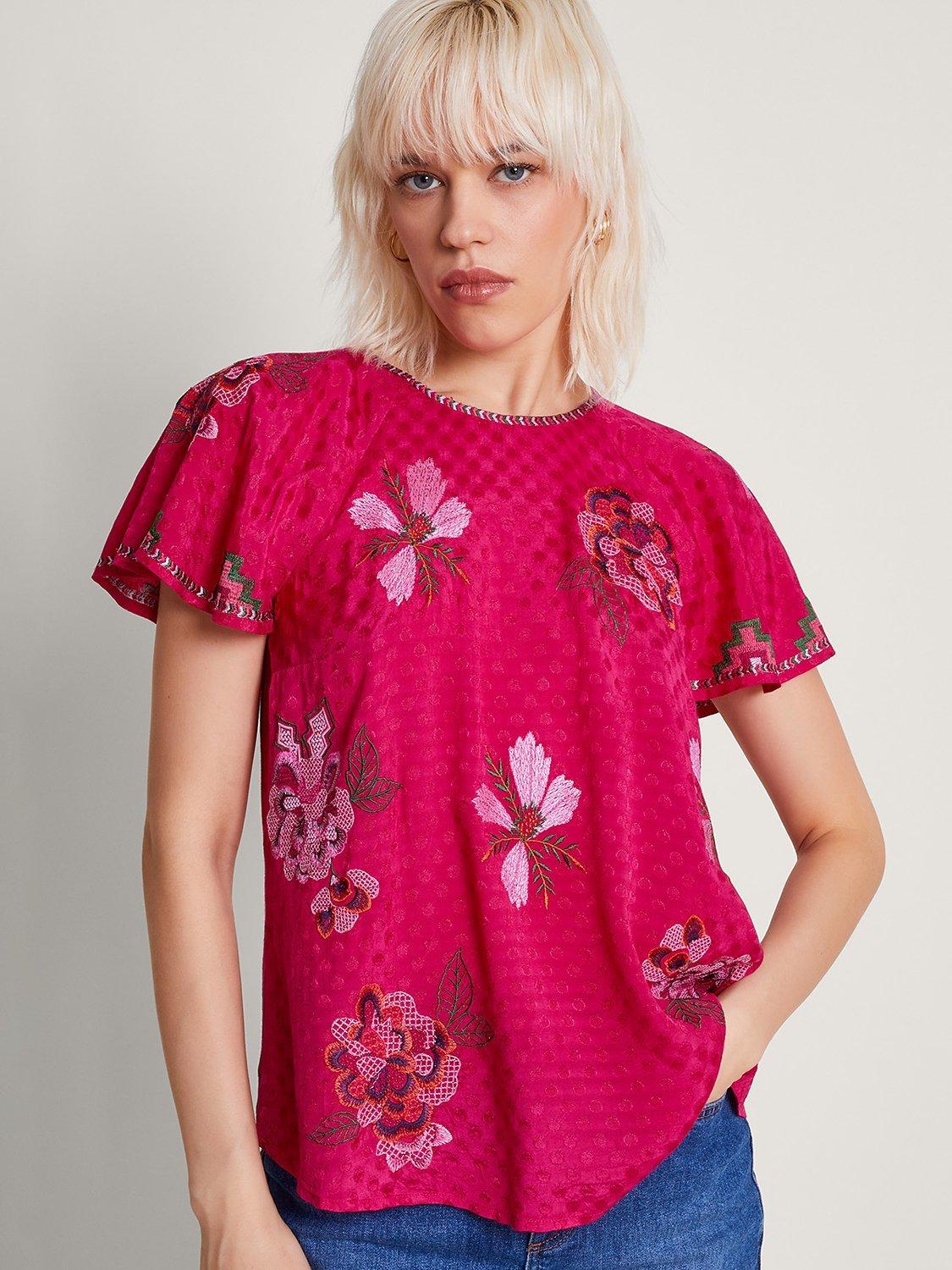 Monsoon Everly Embroidered Blouse, Pink