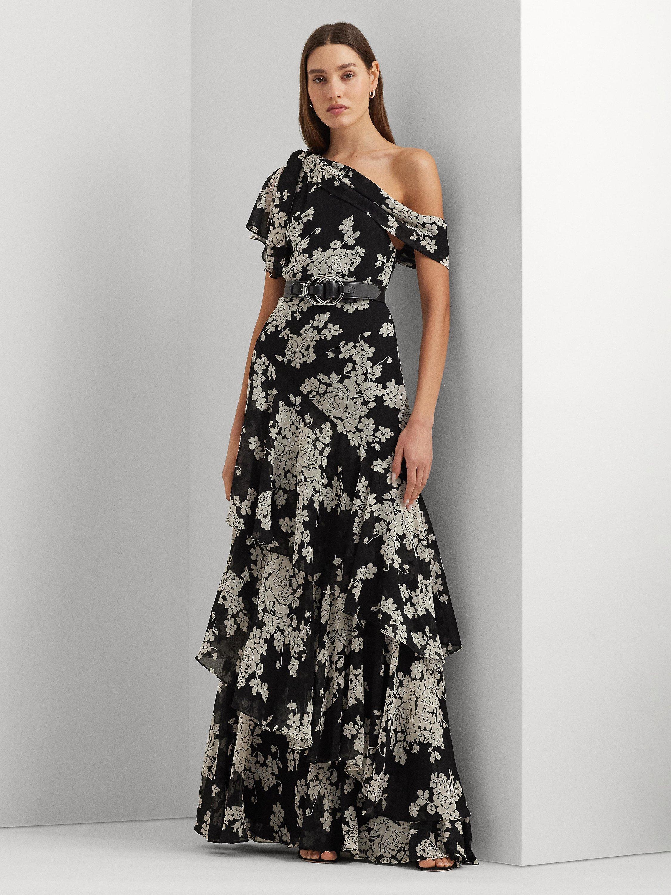 Lauren Ralph Lauren Kanerite Asymmetric Floral Dress Black