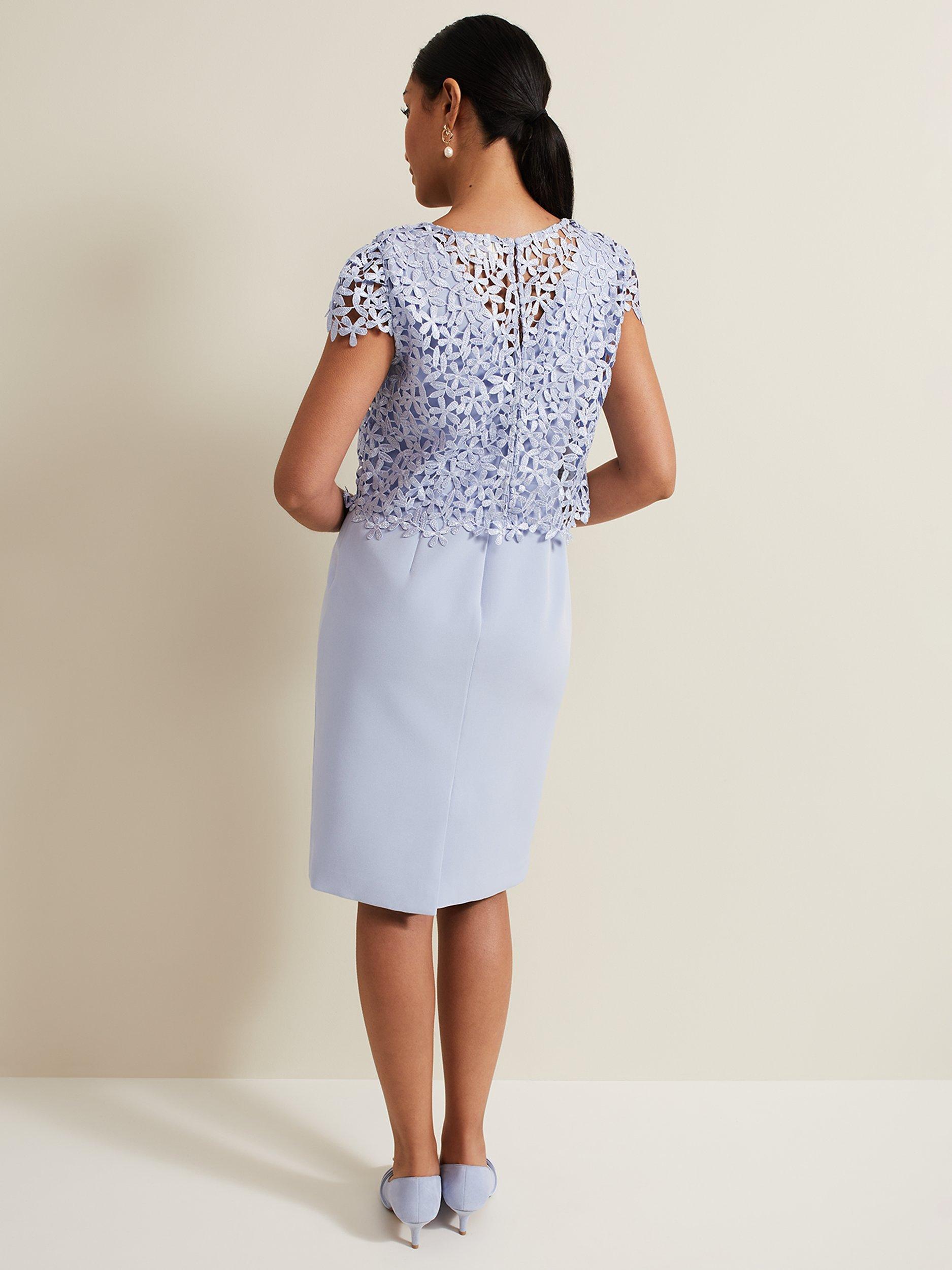 Product image 2 of 6, which shows Phase Eight Petite Daisy Textured Bodice Dress, Pale Blue, 6