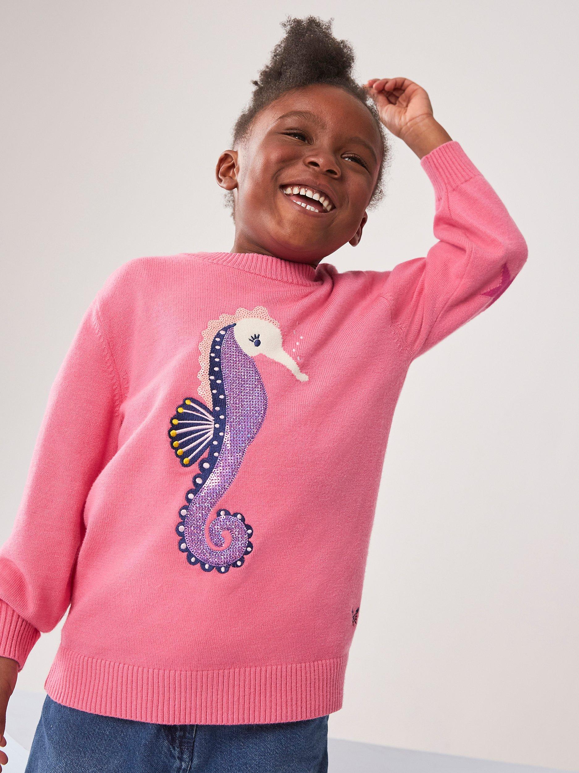 Crew Clothing Kids' Seahorse Embroidered Jumper, Pastel Pink