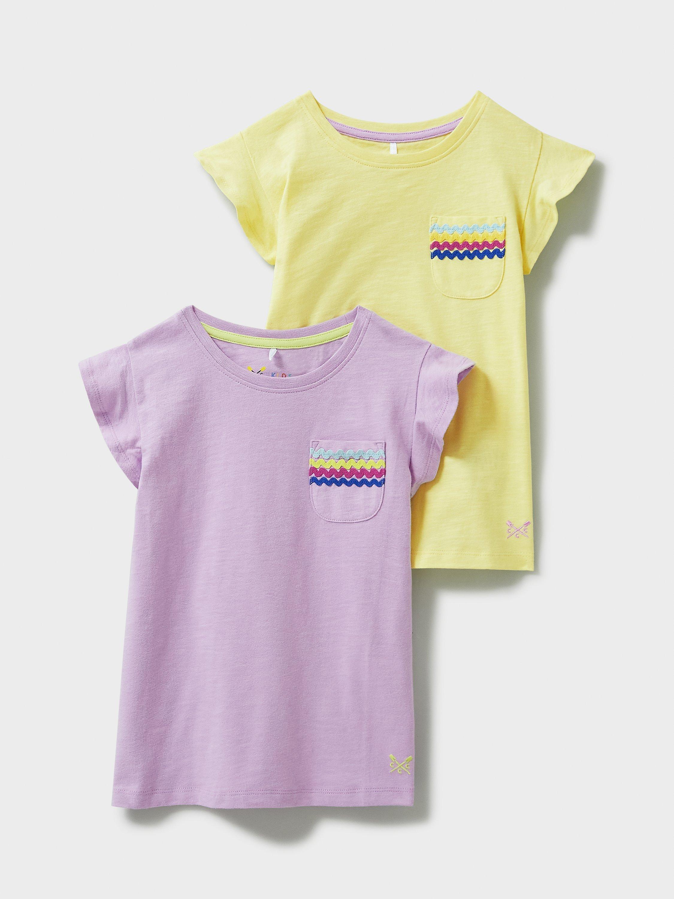 Crew Clothing Kids' Ric Rac Trim Pocket Detail T-Shirts, Pack of 2, Lilac/Yellow