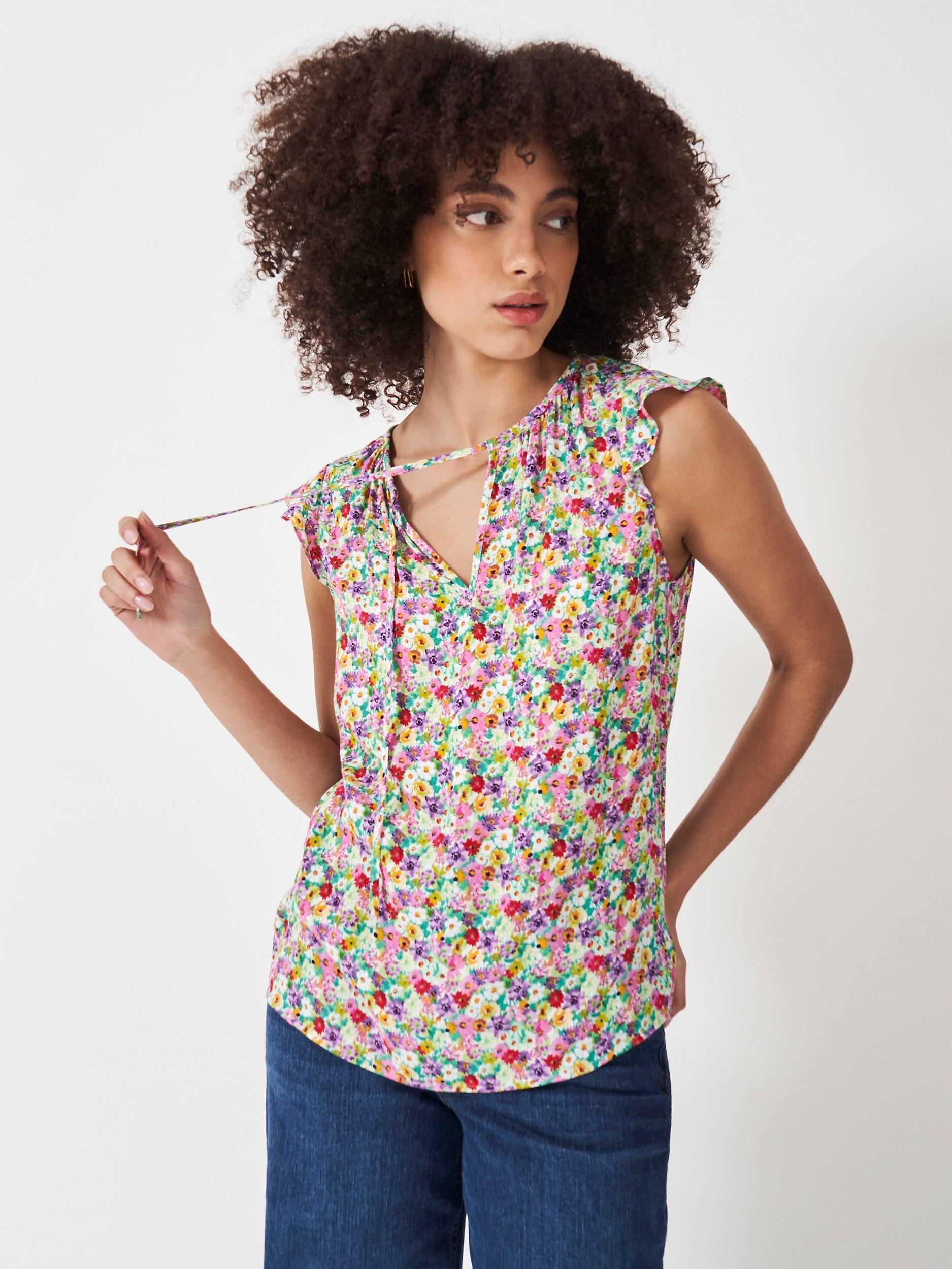 Crew Clothing Ondine Frill Sleeve Top, Multi Blue