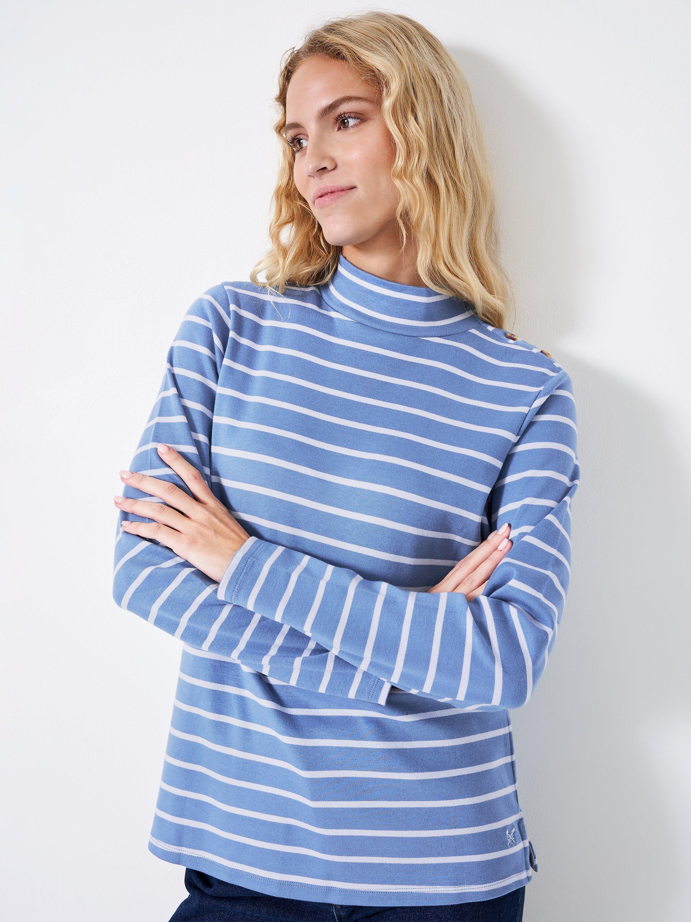 Crew Clothing Relaxed Stripey Button Neck Top, Navy Blue