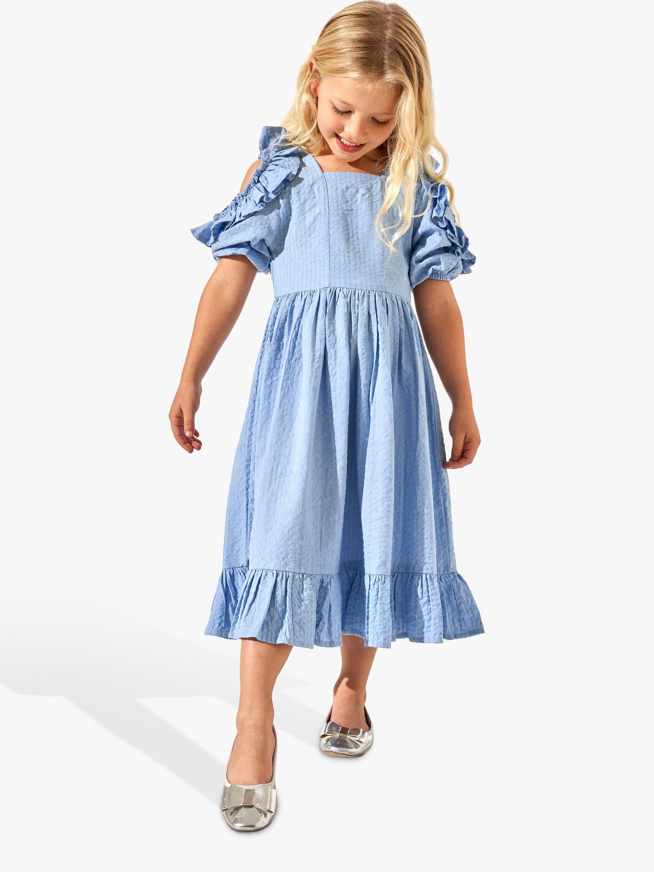 Angel & Rocket Kids' Open Ruffle Shoulder Dress, Cornflower Blue