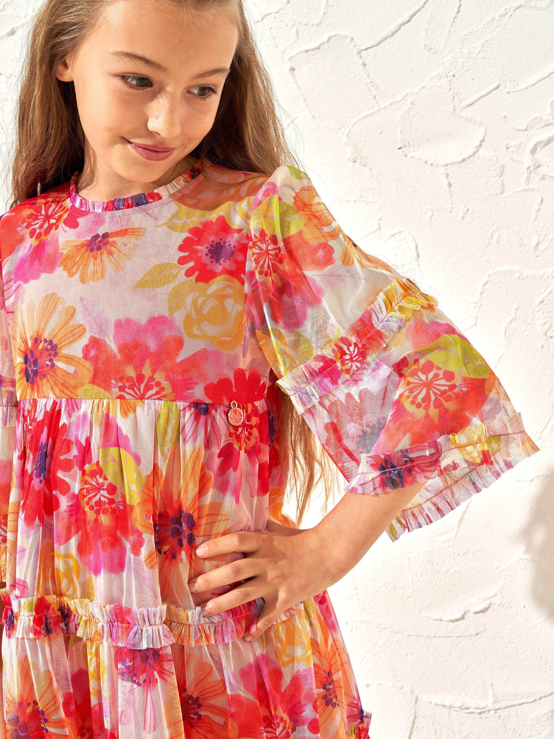 Product image 3 of 3, which shows Angel & Rocket Kids' Elisa Floral Print Mesh Tiered Dress, Red/Multi, 3 years