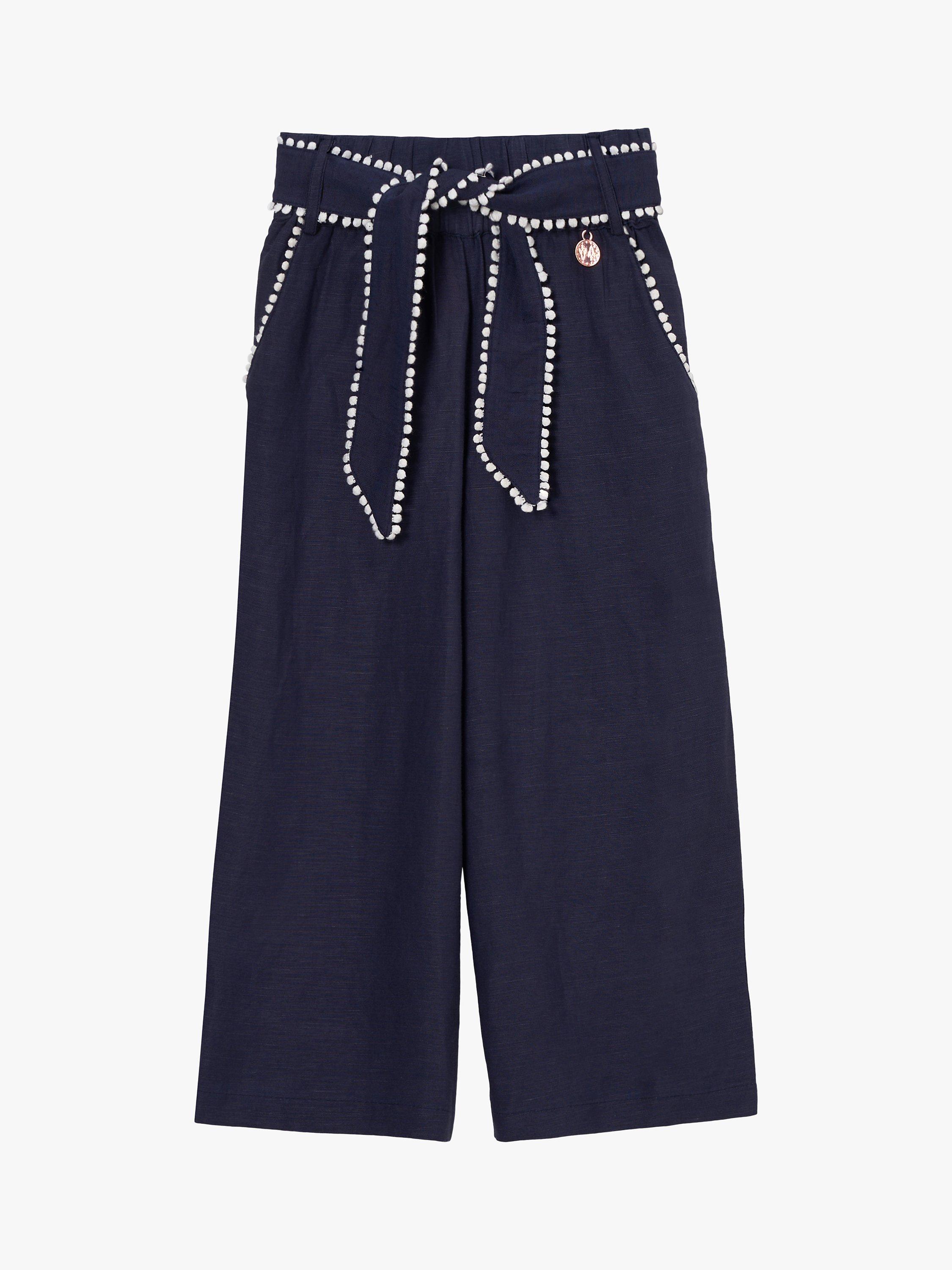 Angel & Rocket Kids' Erica Tie Waist Pom Pom Trim Cropped Trousers, Navy