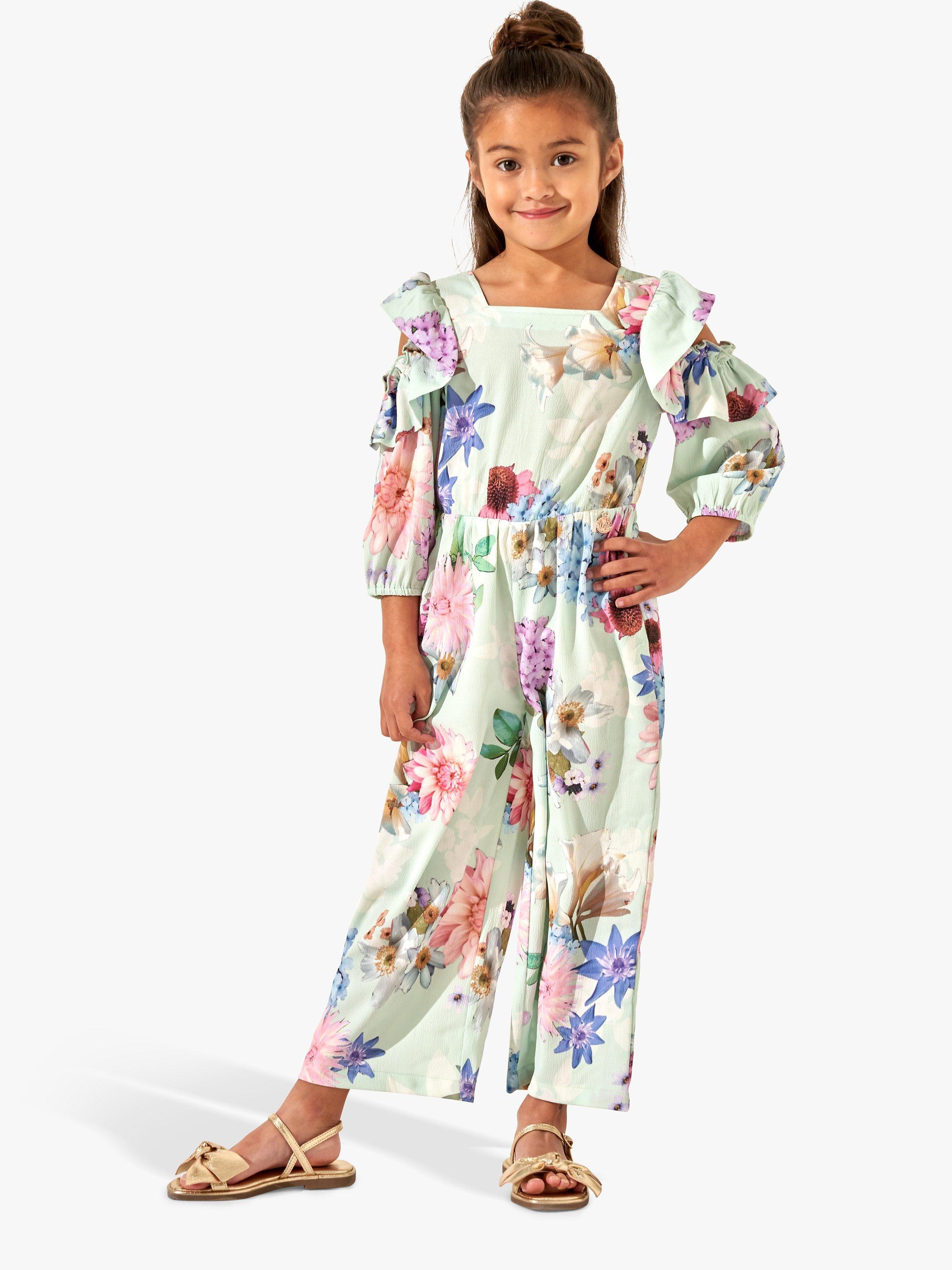 Product image 1 of 3, which shows Angel & Rocket Kids' Fiorella Floral Print Open Sleeve Detail Jumpsuit, Mint, 8 years