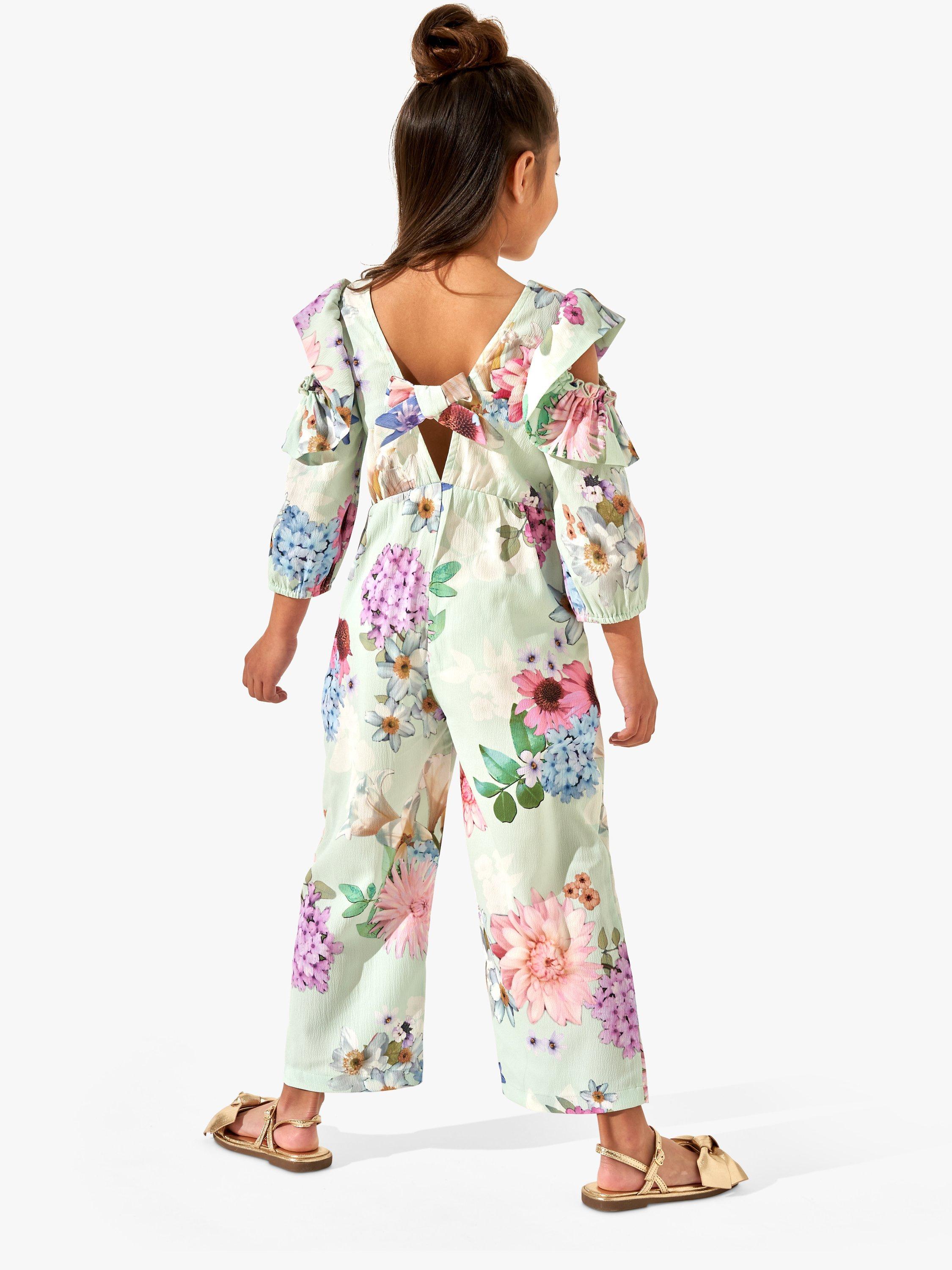 Product image 2 of 3, which shows Angel & Rocket Kids' Fiorella Floral Print Open Sleeve Detail Jumpsuit, Mint, 8 years