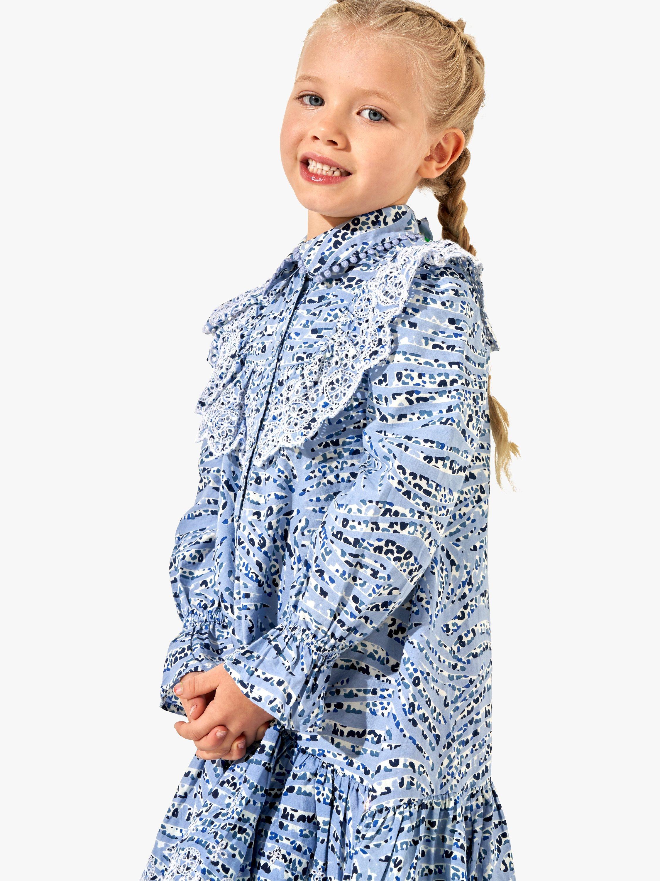 Product image 2 of 6, which shows Angel & Rocket Kids' Amelie Zebra Print Embroidered Broderie Shirt Dress, Blue, 11 years