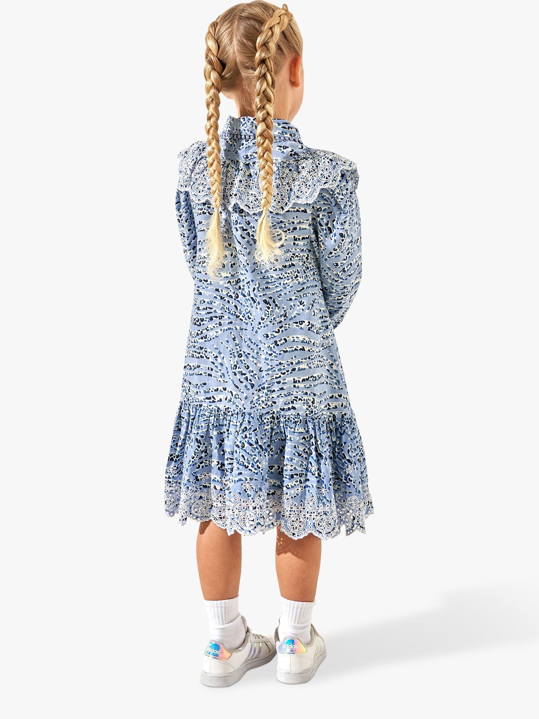 Product image 3 of 6, which shows Angel & Rocket Kids' Amelie Zebra Print Embroidered Broderie Shirt Dress, Blue, 11 years