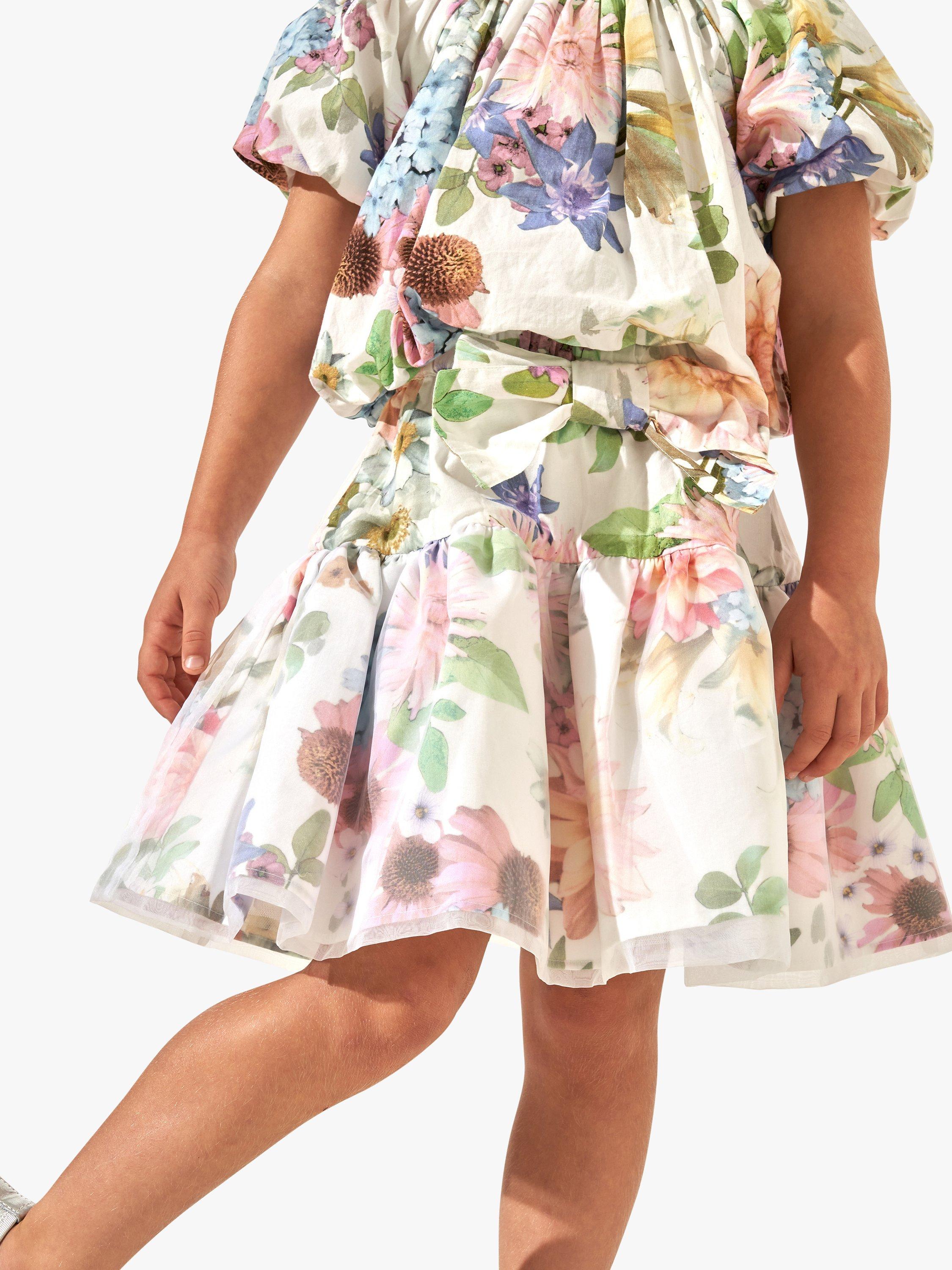 Product image 2 of 6, which shows Angel & Rocket Kids' Perla Layered Floral Print Skirt, Ivory, 11 years