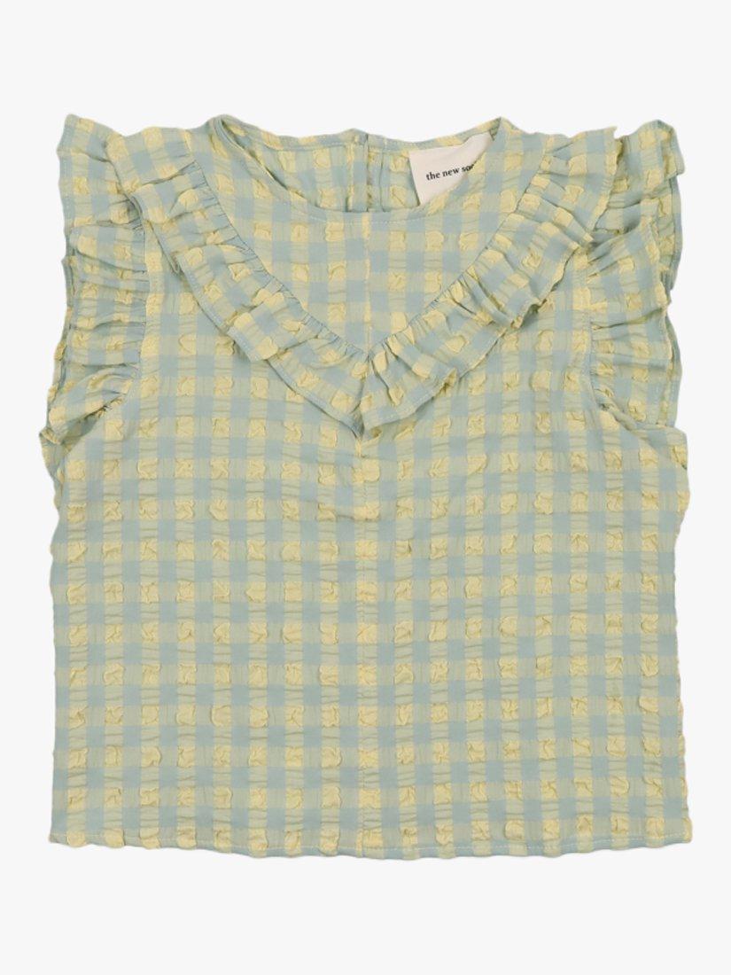 Product image 1 of 5, which shows The New Society Kids' Check Ruffle Blouse, Yellow Check, 3 years