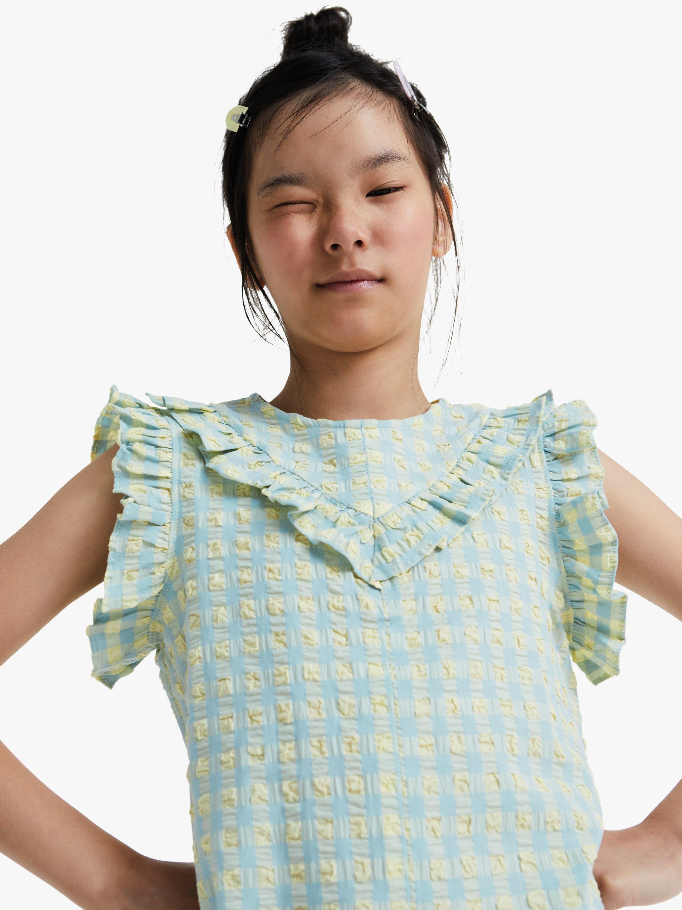 Product image 2 of 5, which shows The New Society Kids' Check Ruffle Blouse, Yellow Check, 3 years