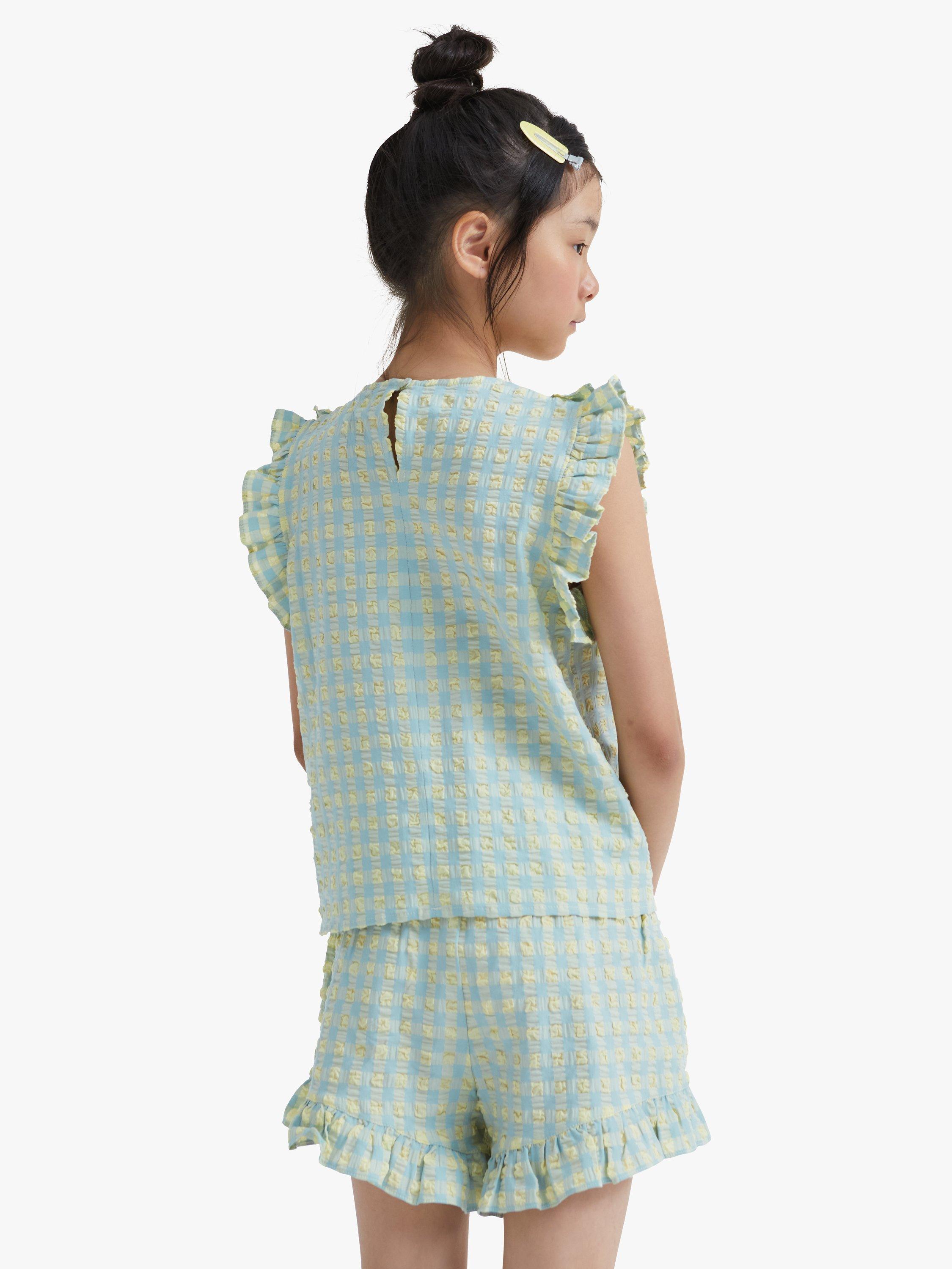 Product image 4 of 5, which shows The New Society Kids' Check Ruffle Blouse, Yellow Check, 3 years