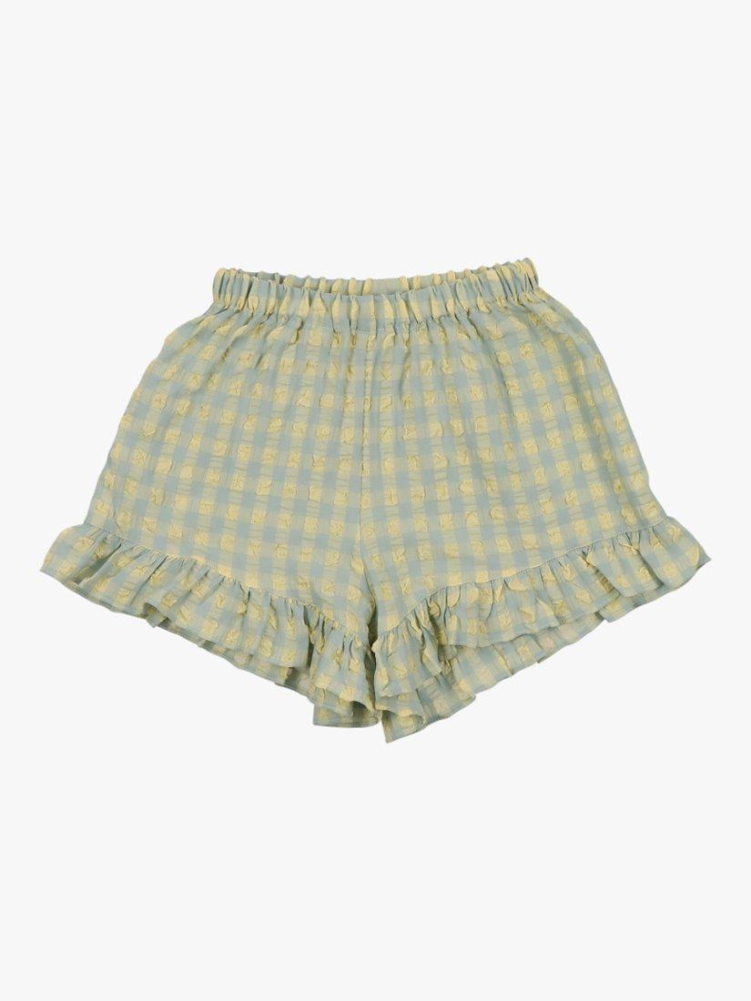 Product image 2 of 5, which shows The New Society Kids' Check Ruffle Detail Shorts, Yellow/Green, 10 years