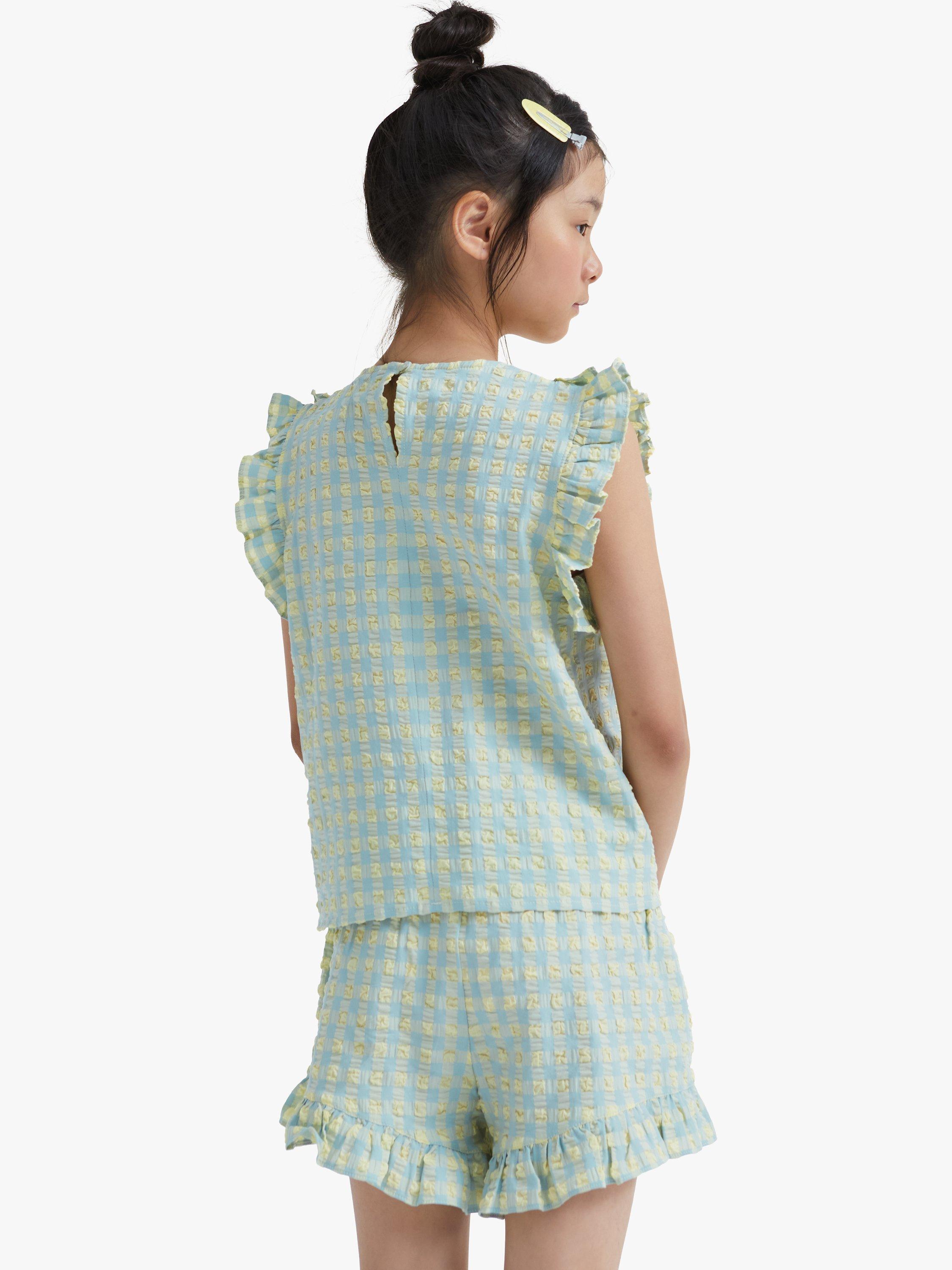 Product image 4 of 5, which shows The New Society Kids' Check Ruffle Detail Shorts, Yellow/Green, 10 years