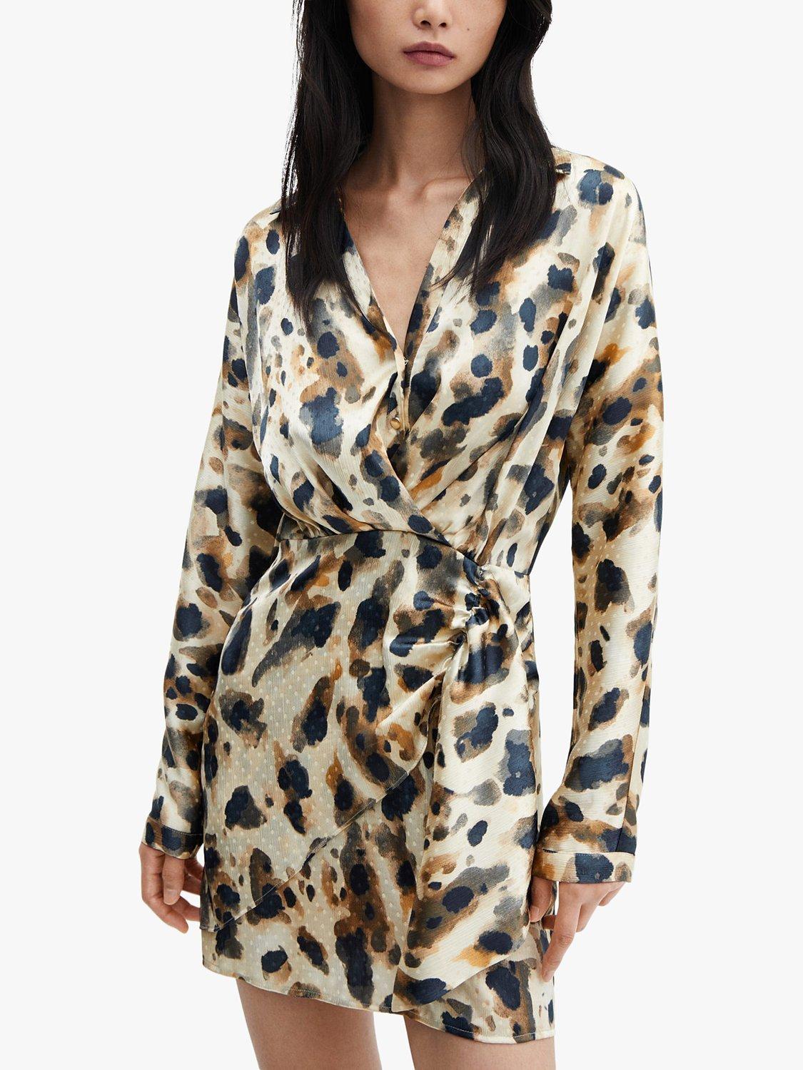 Mango Camila Abstract Print Mini Satin Shirt Dress, Light Beige/Multi