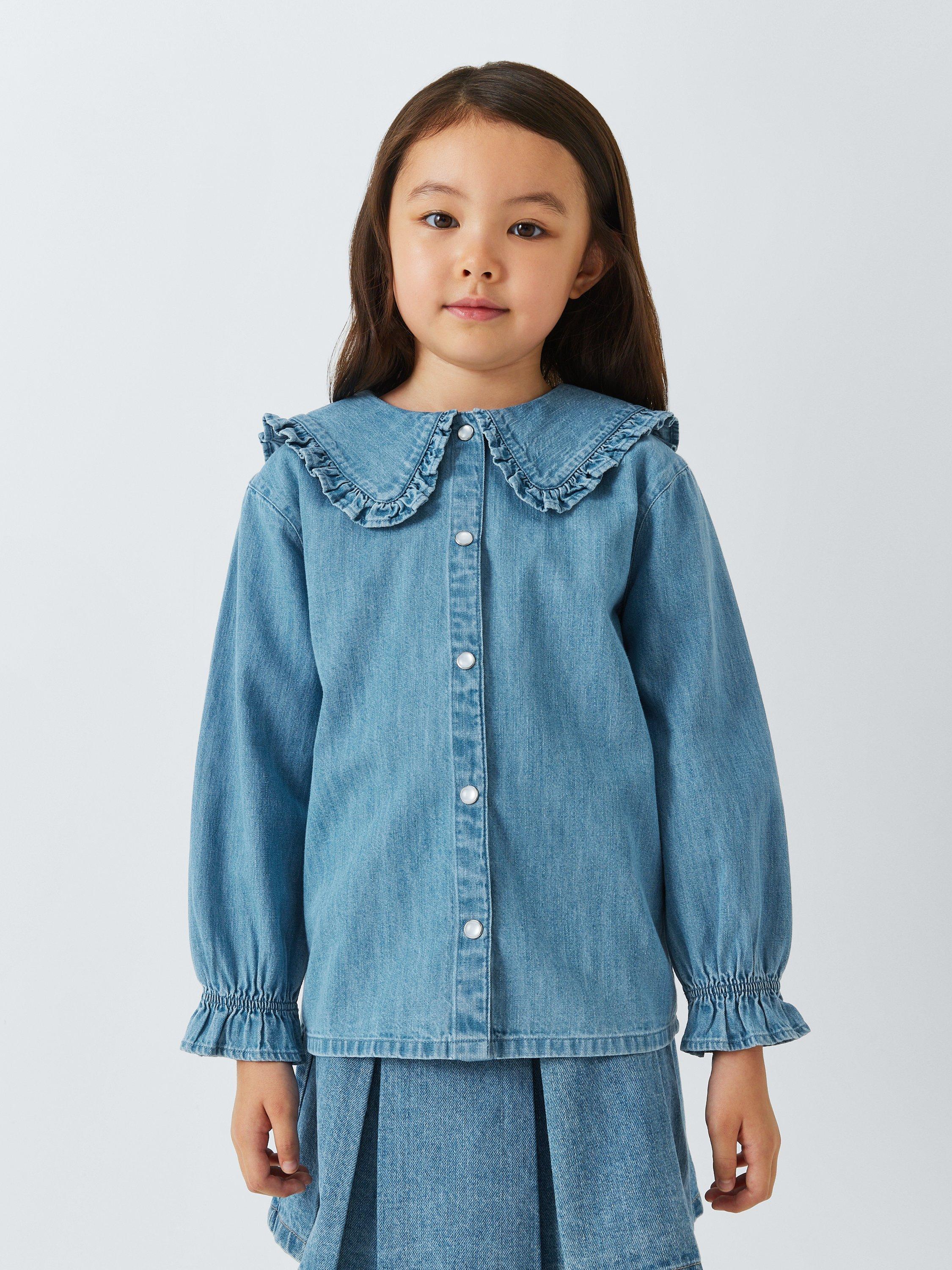 John Lewis Kids' Frill Collar Denim Shirt, Mid Blue Denim