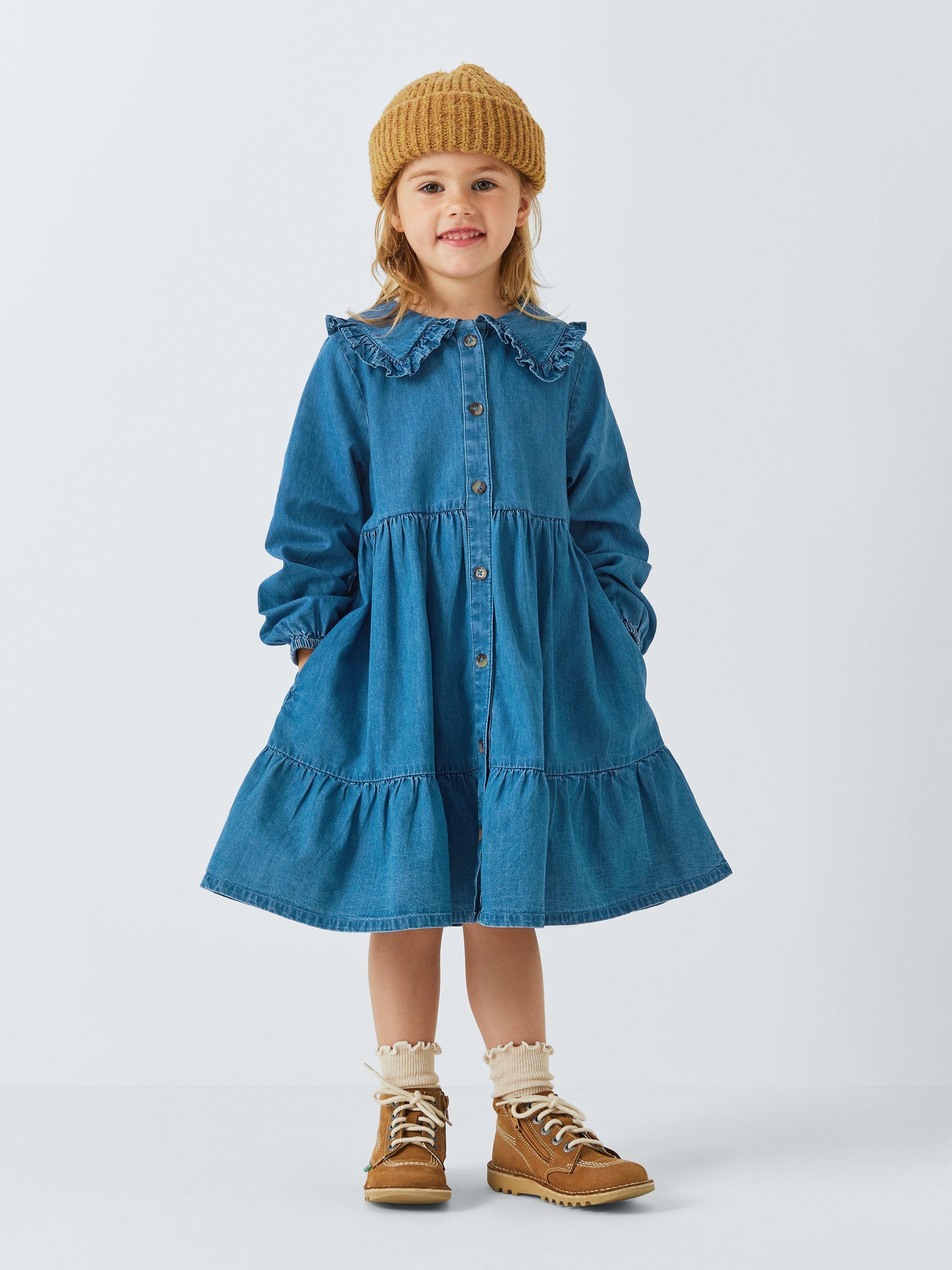 John Lewis Kids Denim Tiered Shirt Dress Denim Blue