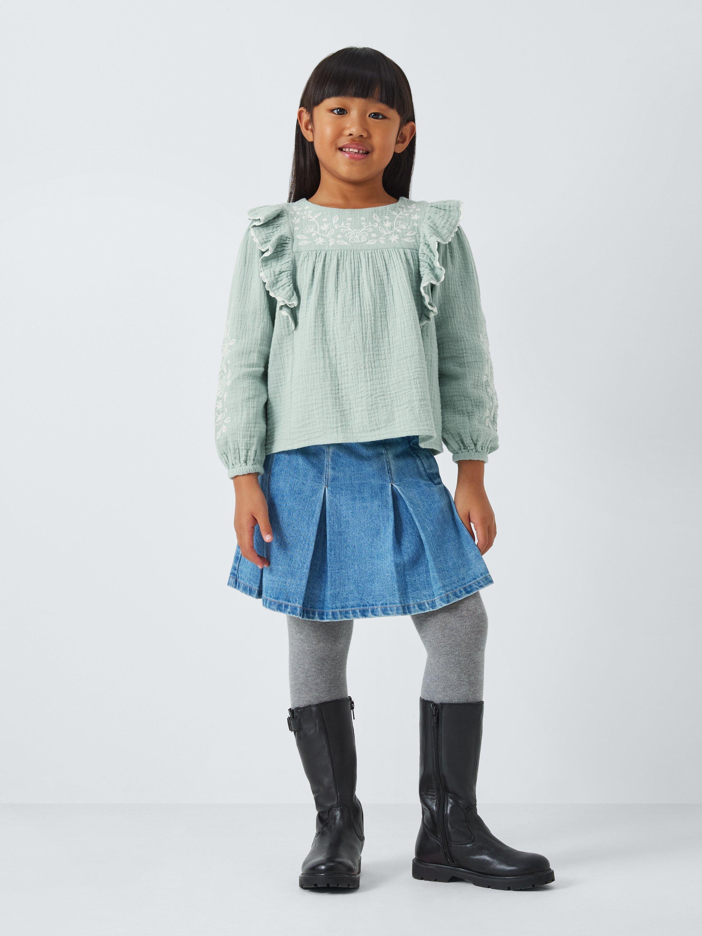 John Lewis Kids' Embroidered Frill Sleeve Top, Blue