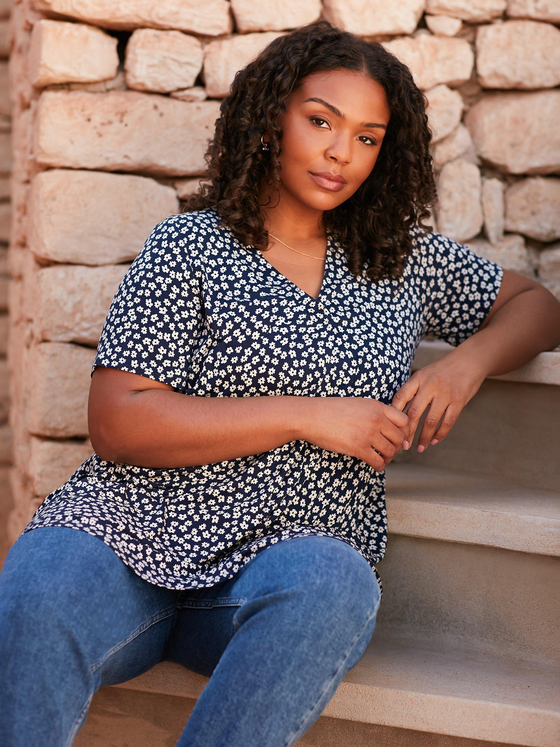 Live Unlimited Curve Ditsy Print Jersey Pleat Front Top, Navy/White
