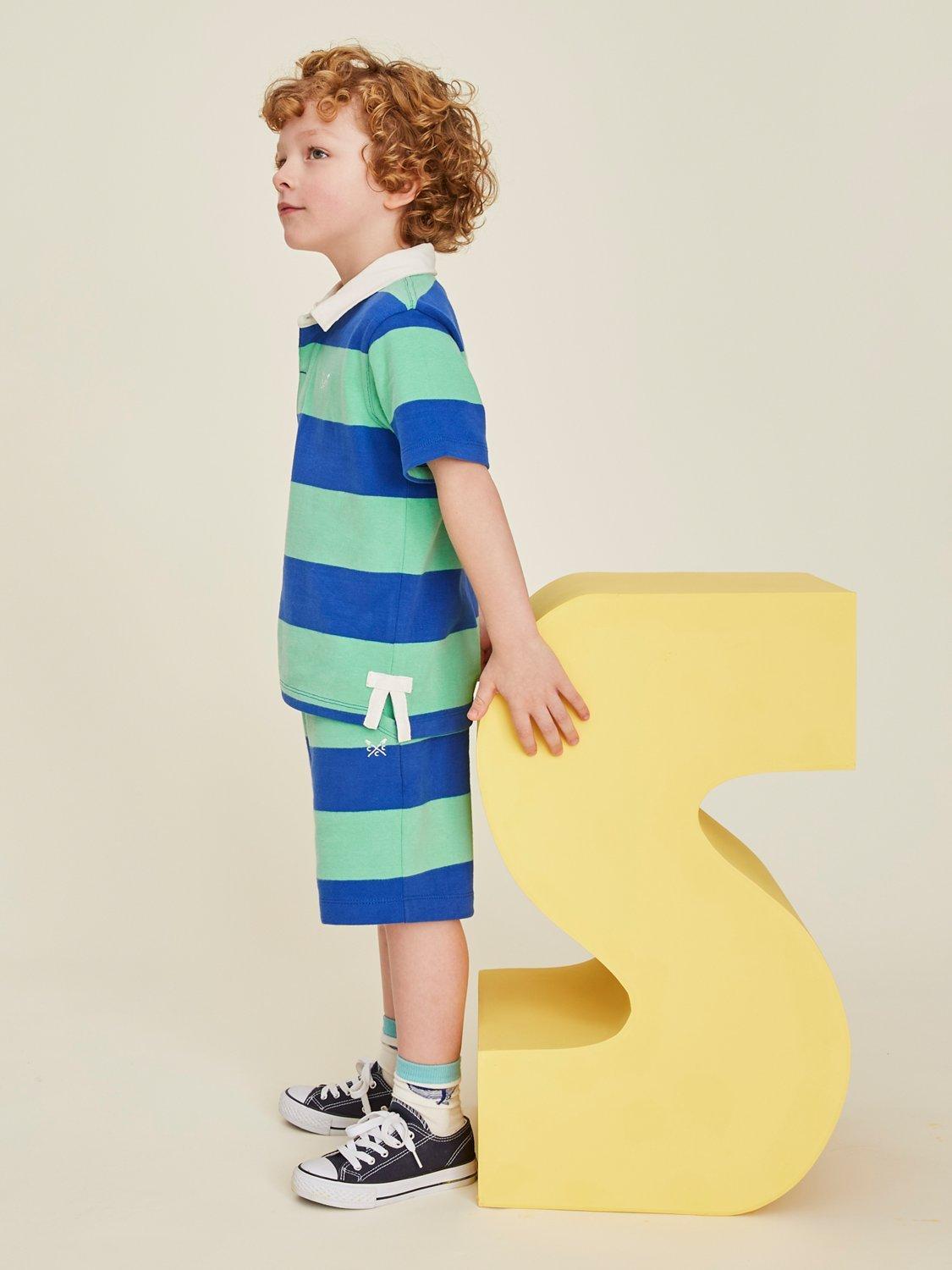Crew Clothing Kids' Rugby Stripe Jogger Shorts, Navy Blue/Green