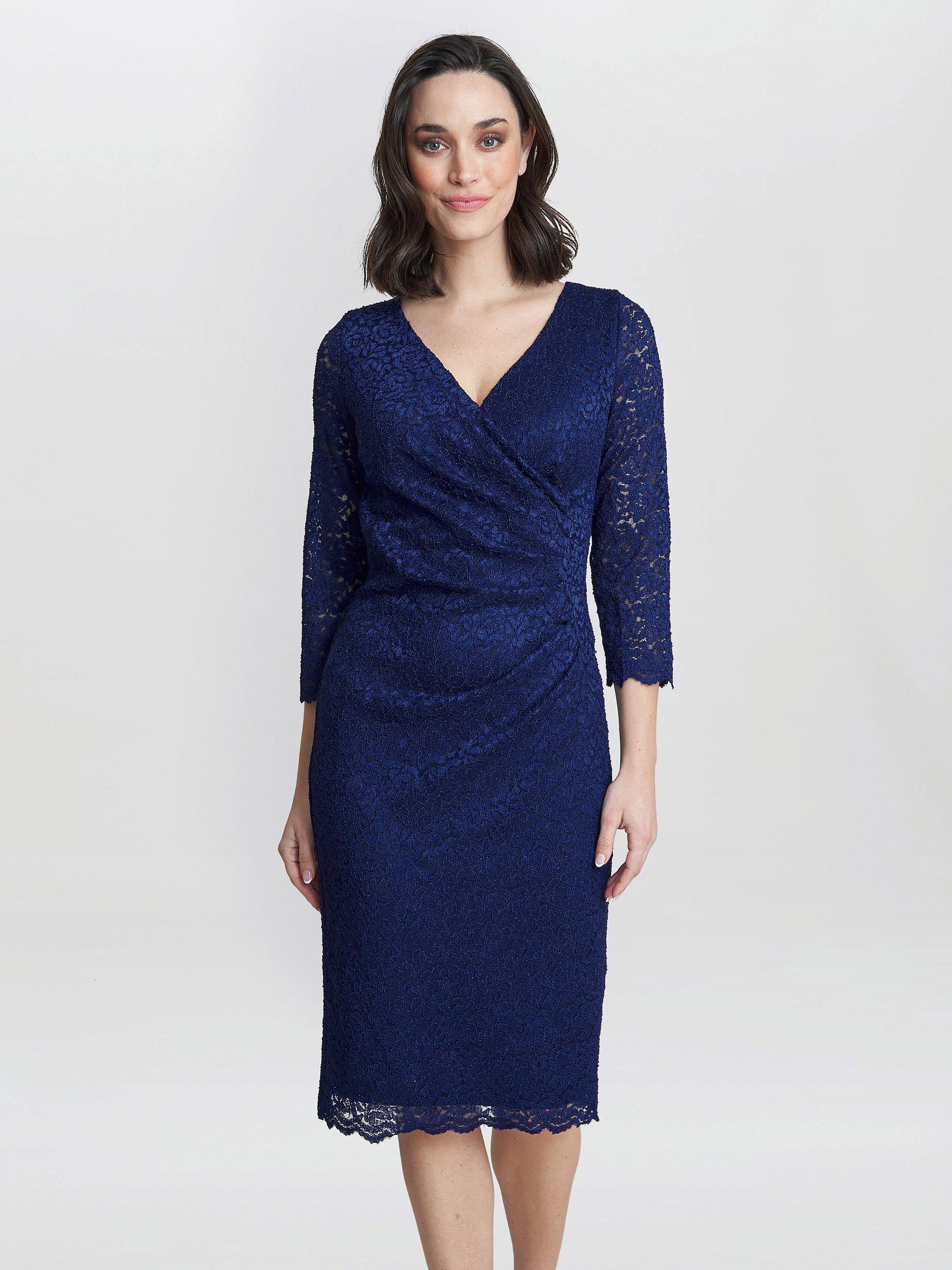 Gina Bacconi Melody Lace Wrap Dress, Navy, 8