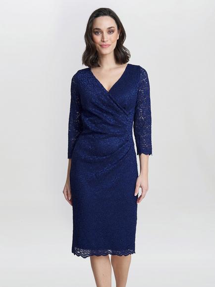 Gina Bacconi Melody Lace Wrap Dress, Turquoise, Navy