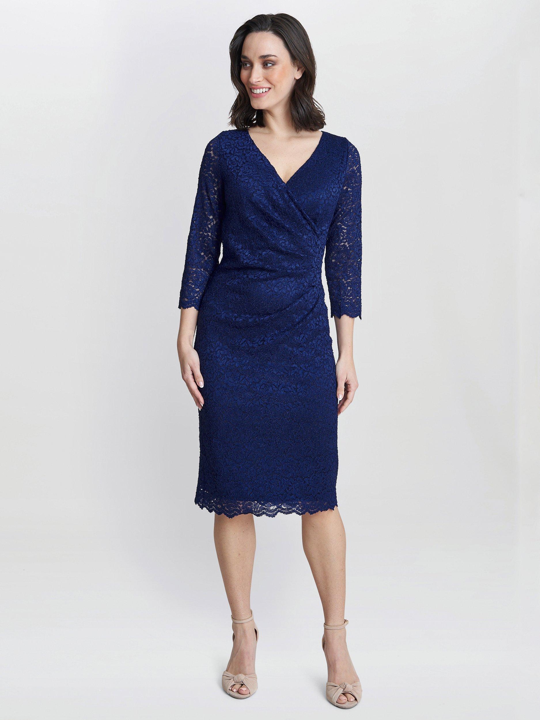 Gina Bacconi Melody Lace Wrap Dress, Navy, 8