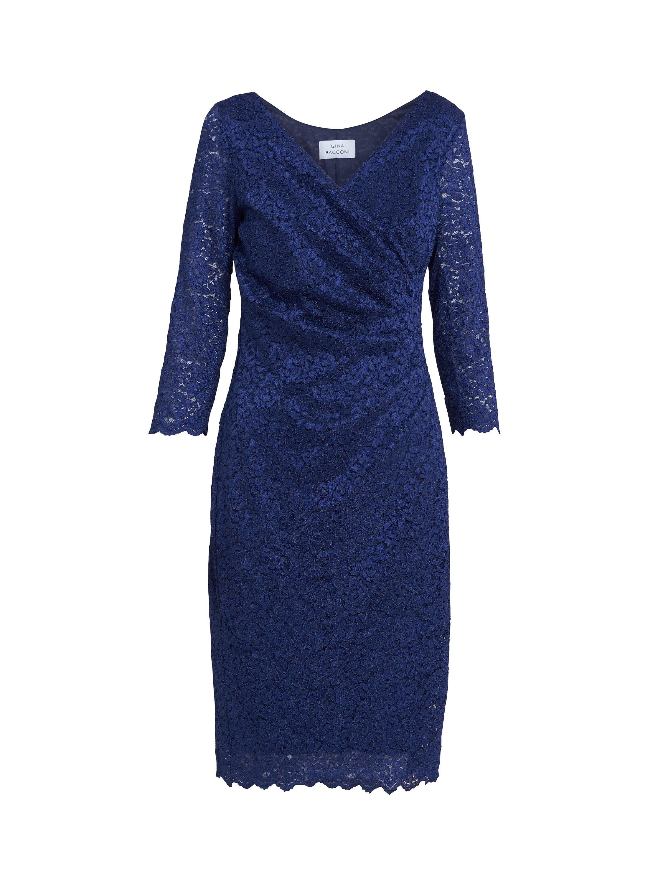 Gina Bacconi Melody Lace Wrap Dress, Navy, 8