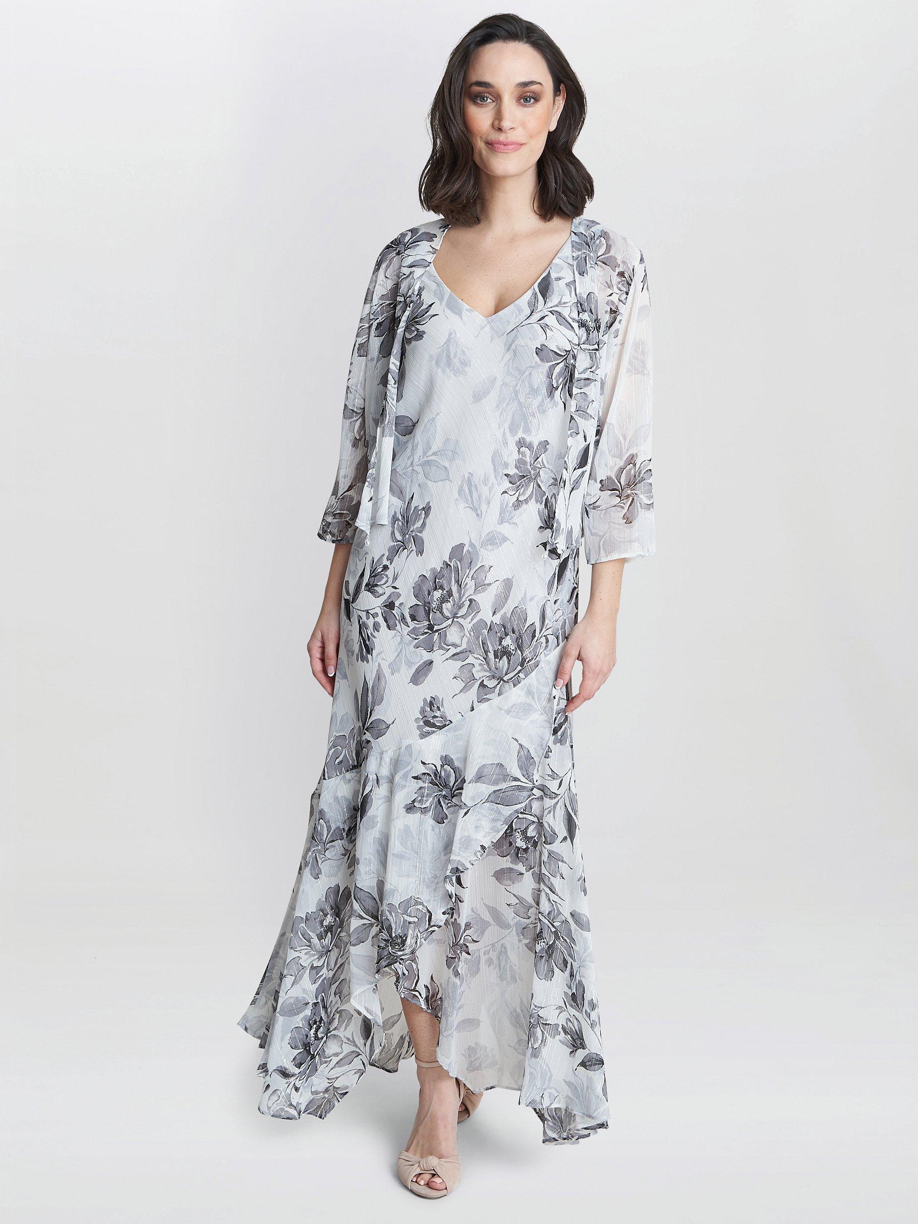 Product image 1 of 7, which shows Gina Bacconi Mandy Midi Printed Dress And Jacket, Black/Silver, 10