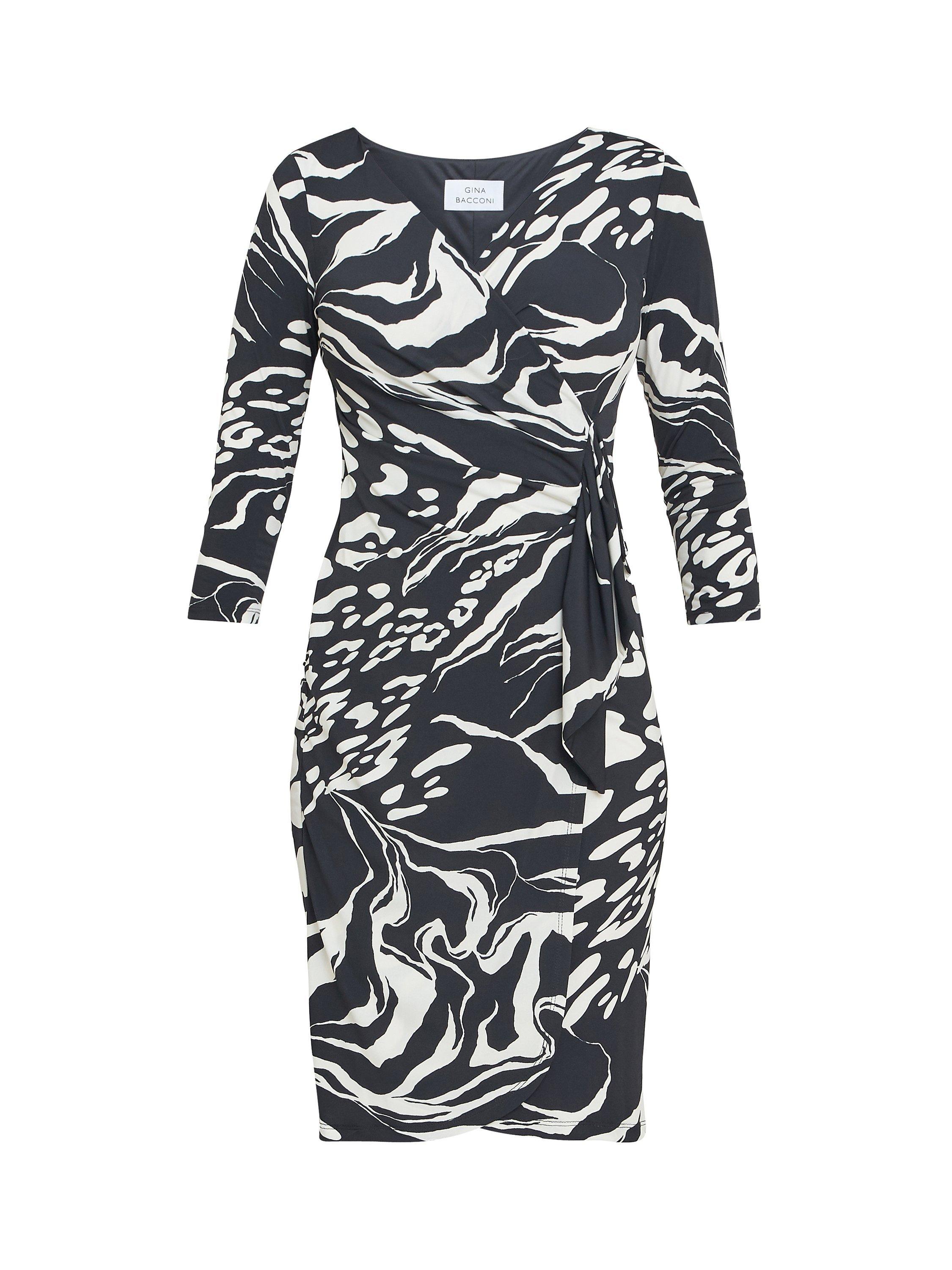 Product image 4 of 5, which shows Gina Bacconi Bianca Abstract Print Jersey Ruffle Dress, Black/Cream, 20
