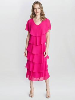 Gina Bacconi Rebecca Tiered Midi Dress, Fuchsia