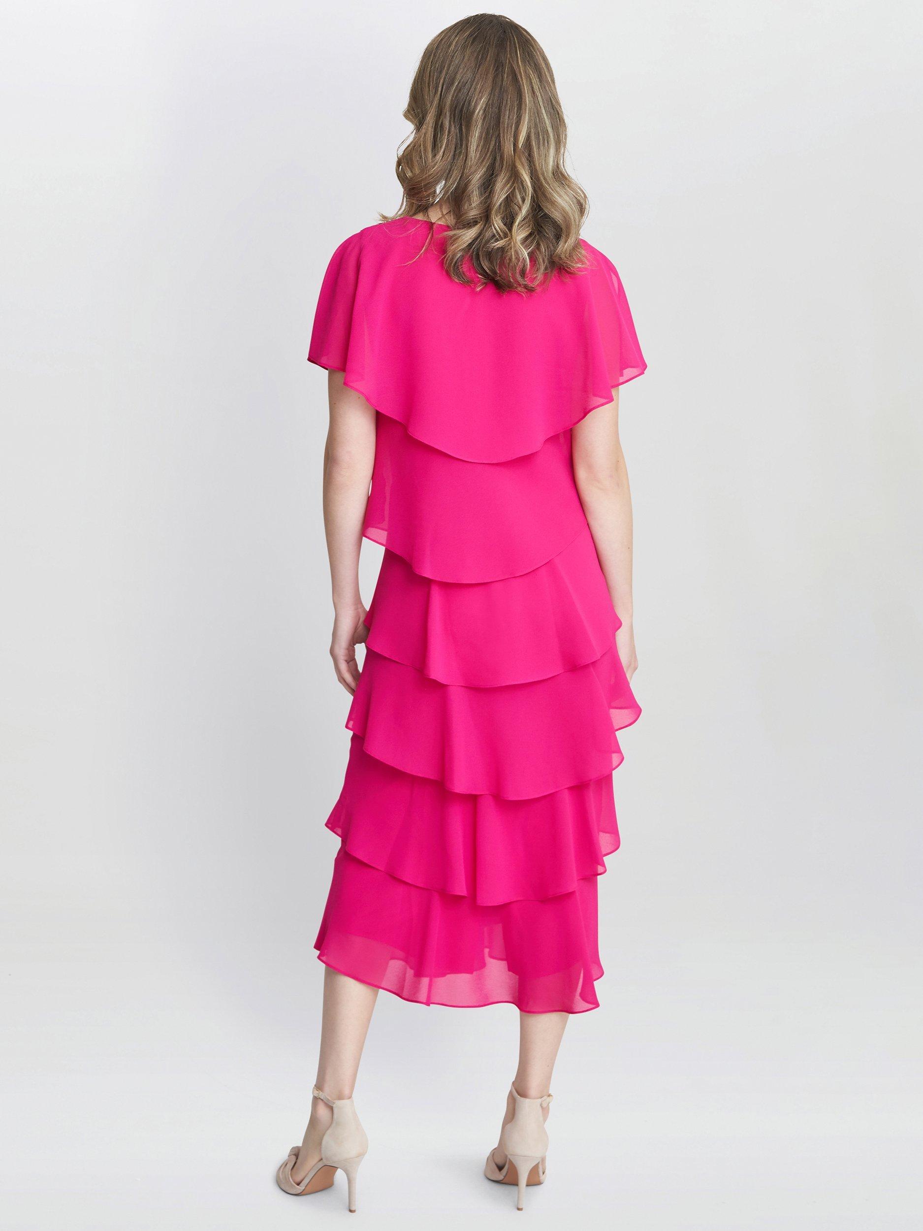 Gina Bacconi Rebecca Tiered Midi Dress, Fuchsia, 8