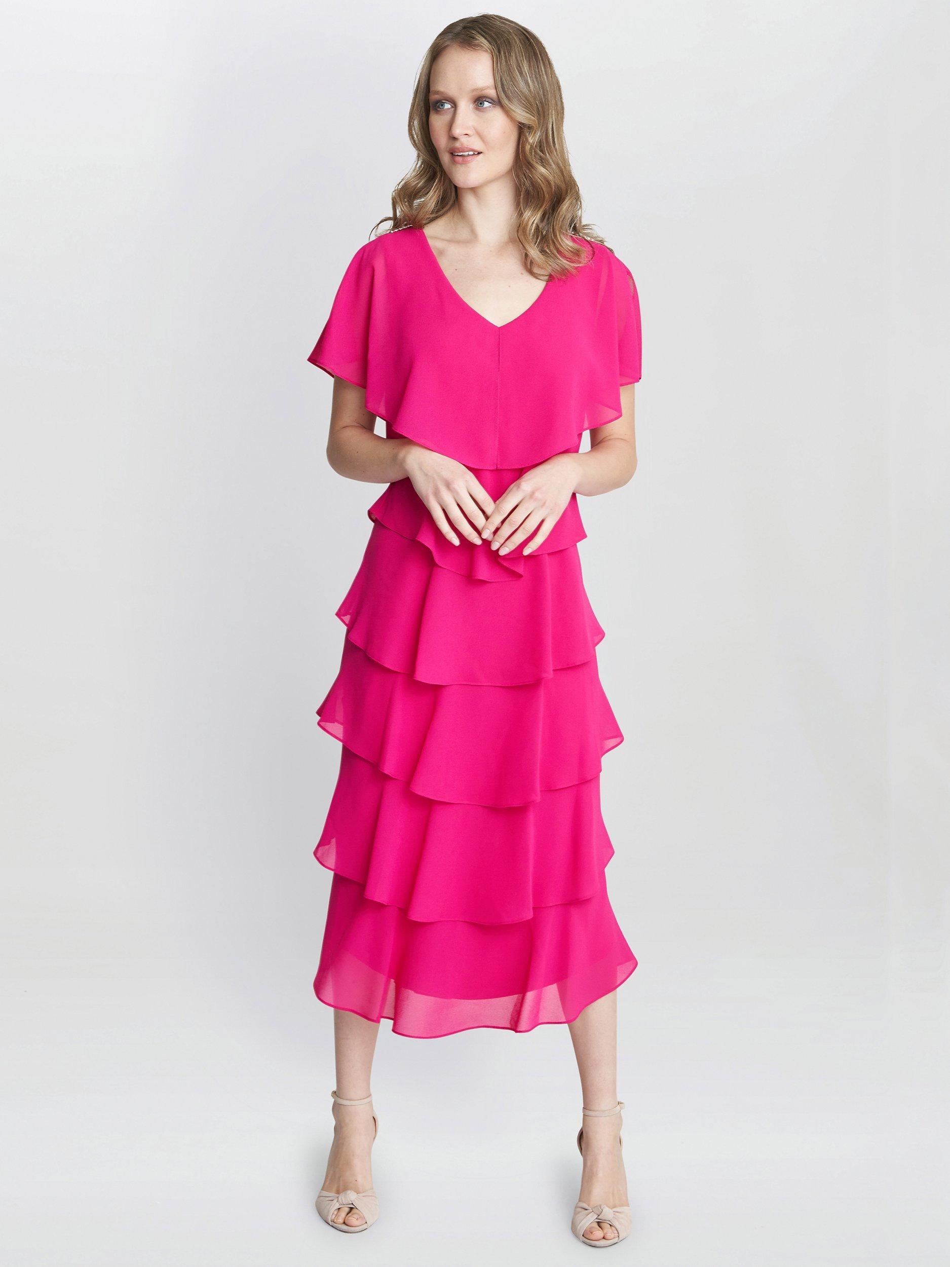 Gina Bacconi Rebecca Tiered Midi Dress, Fuchsia, 8