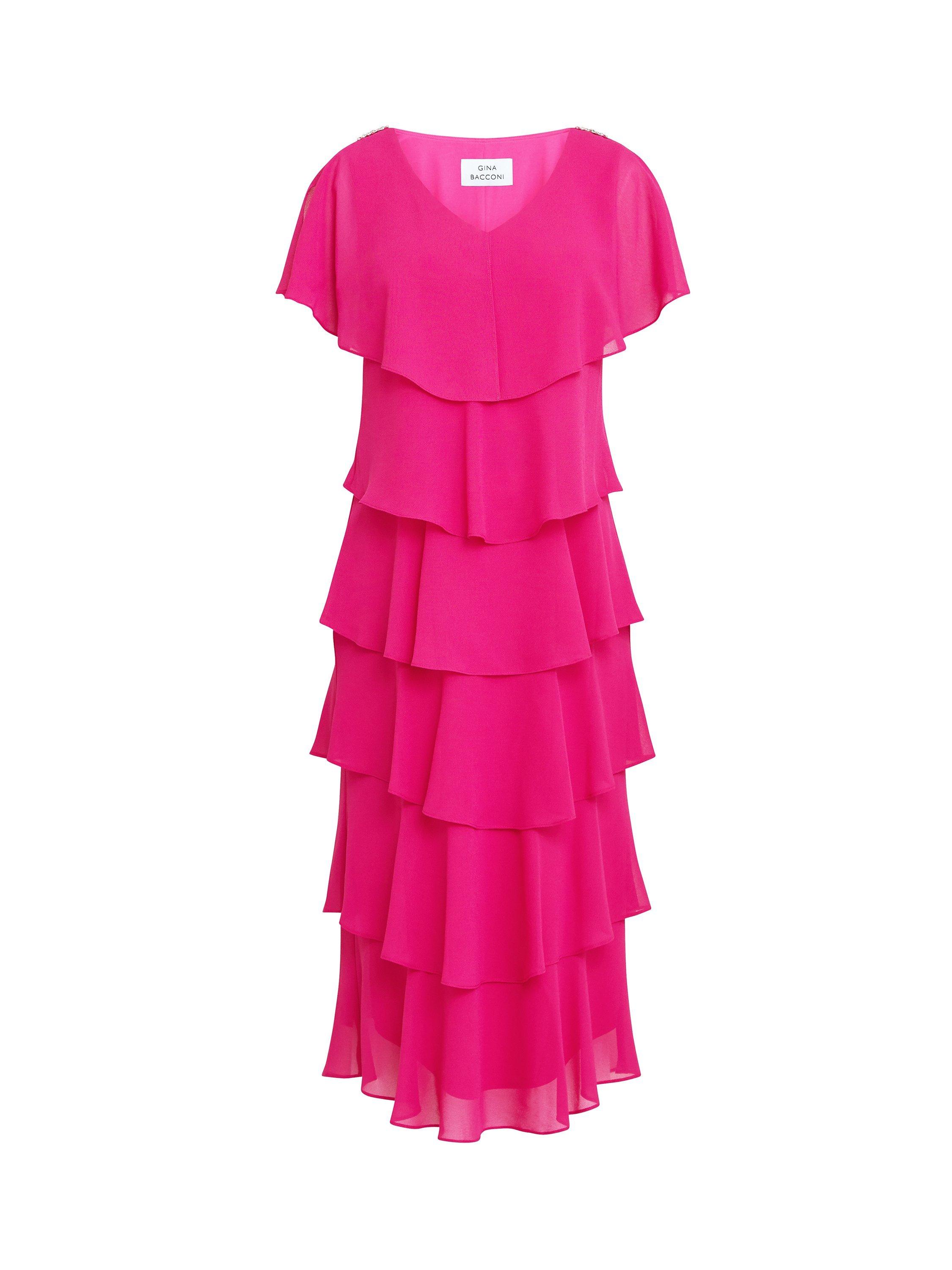 Gina Bacconi Rebecca Tiered Midi Dress, Fuchsia, 8