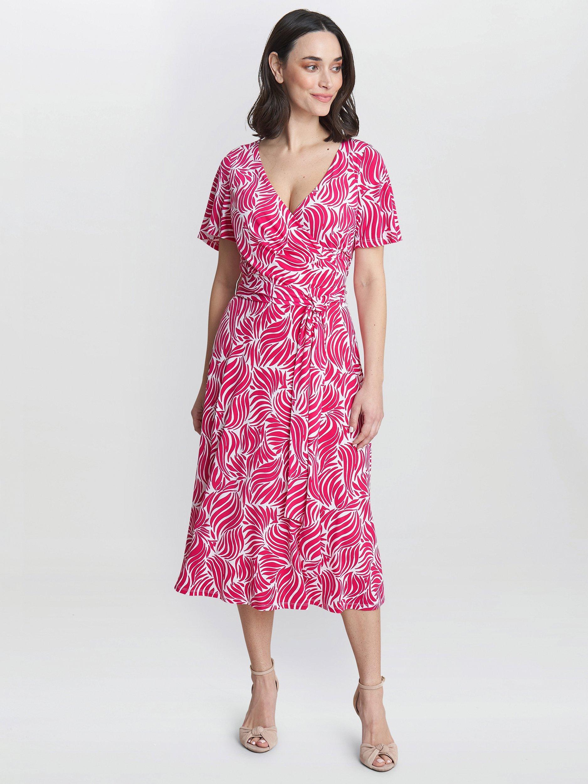 Product image 3 of 5, which shows Gina Bacconi Lacey Fit And Flare Dress, Dark Pink/White, 14