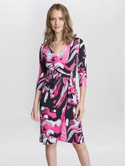 Gina Bacconi Anabelle Printed Jersey Wrap Effect Dress, Pink/Multi, Pink/Multi