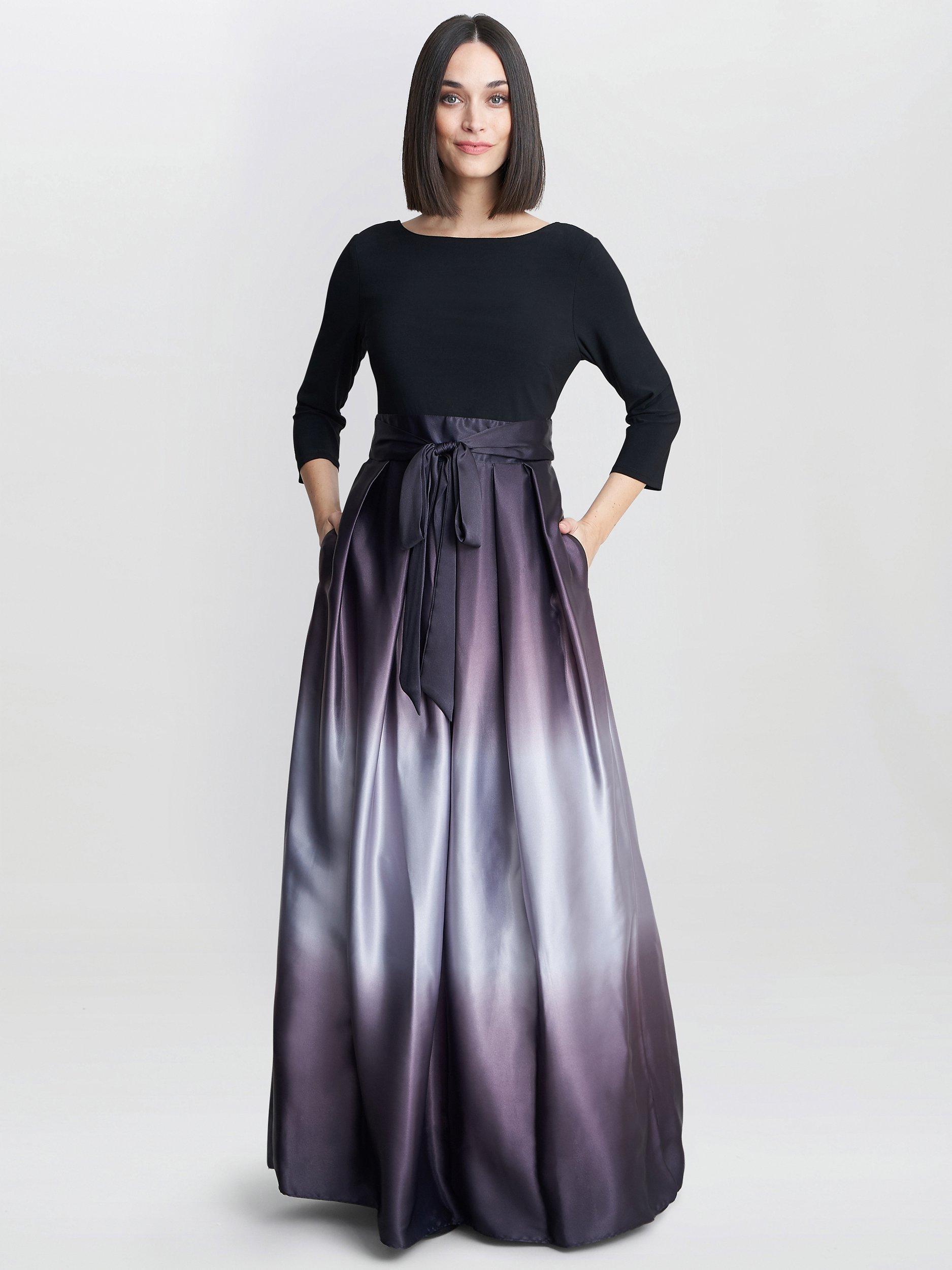 Product image 1 of 5, which shows Gina Bacconi Ingrid V Neck Back Ombre Satin Maxi Dress, Black/Silver, 10