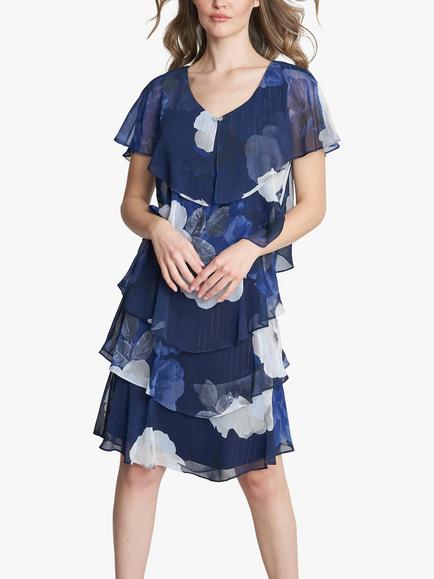 Gina Bacconi Benita Printed V Neck Tiered Dress, Navy/Multi, Navy/Multi