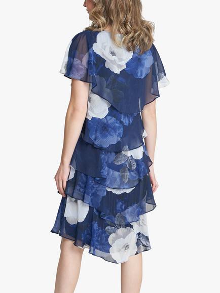 Gina Bacconi Benita Printed V Neck Tiered Dress, Navy/Multi - view 2, Navy/Multi
