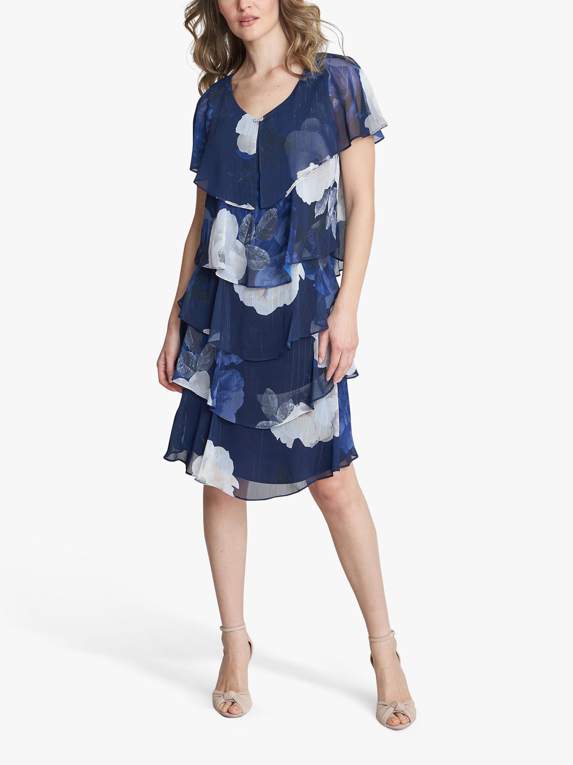 Product image 3 of 5, which shows Gina Bacconi Benita Printed V Neck Tiered Dress, Navy/Multi, 8