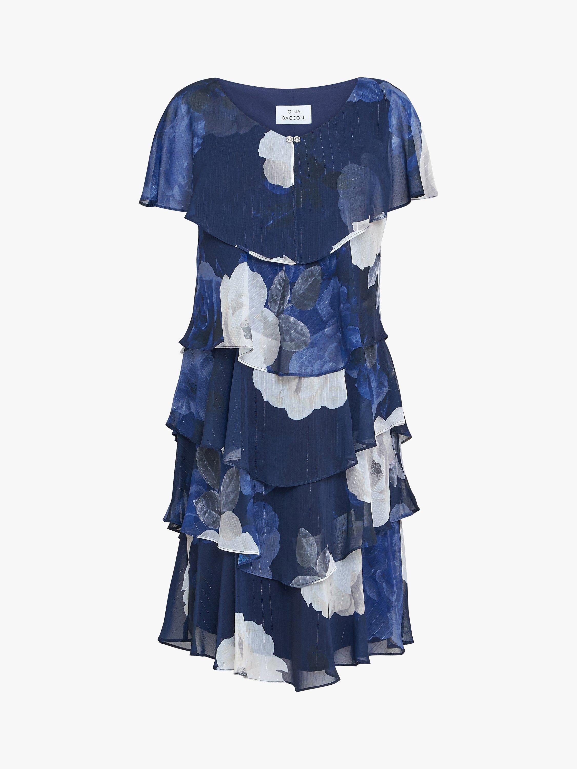 Product image 4 of 5, which shows Gina Bacconi Benita Printed V Neck Tiered Dress, Navy/Multi, 8