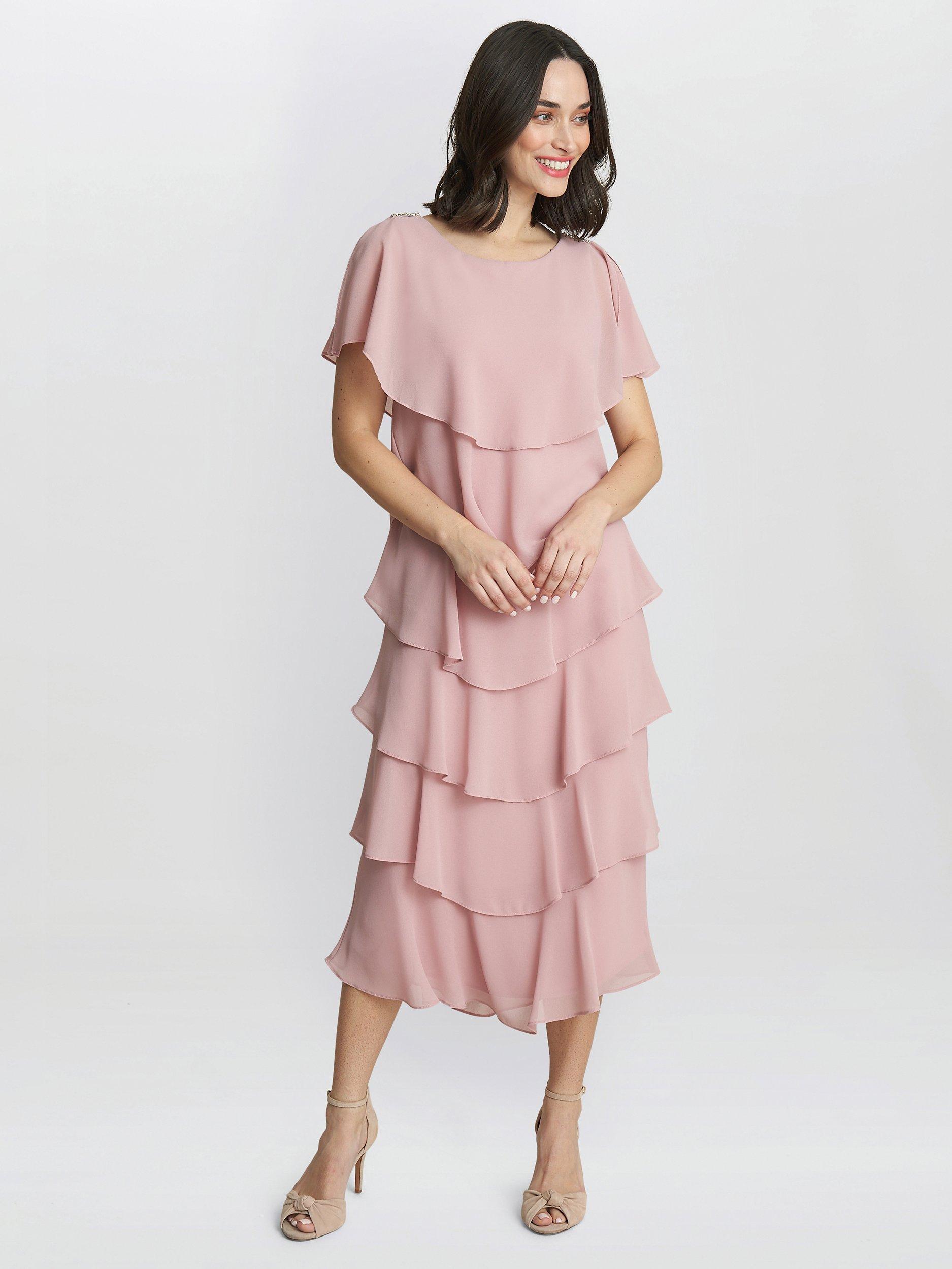 Product image 1 of 5, which shows Gina Bacconi Tessa Tiered Shoulder Trim Midi Dress, Rose Pink, 8