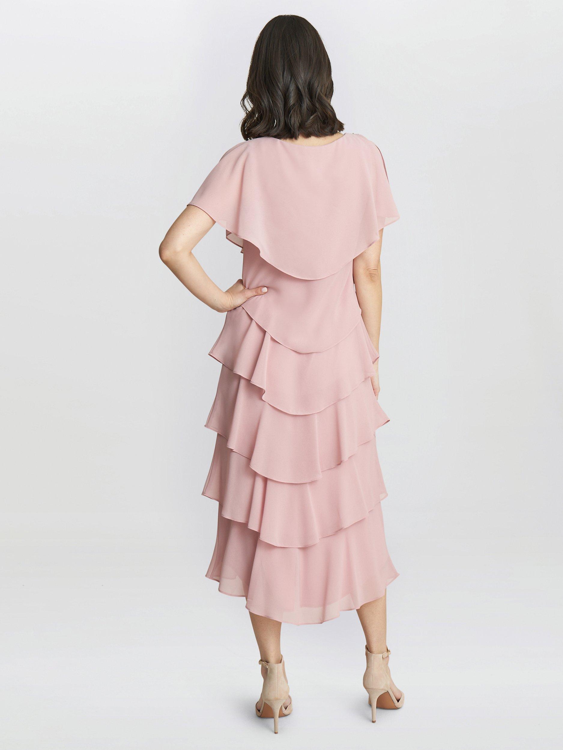 Product image 2 of 5, which shows Gina Bacconi Tessa Tiered Shoulder Trim Midi Dress, Rose Pink, 8