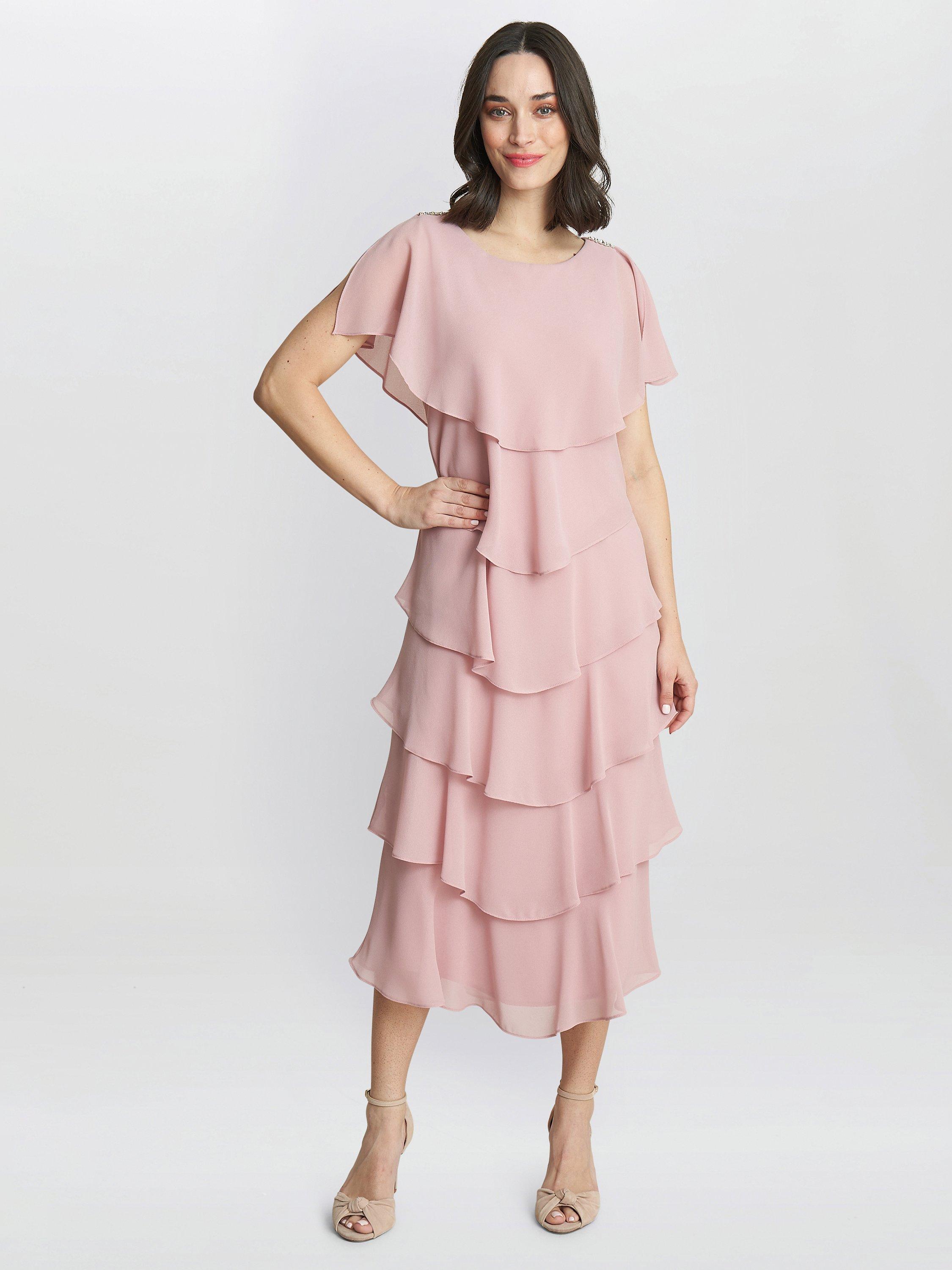 Product image 3 of 5, which shows Gina Bacconi Tessa Tiered Shoulder Trim Midi Dress, Rose Pink, 8
