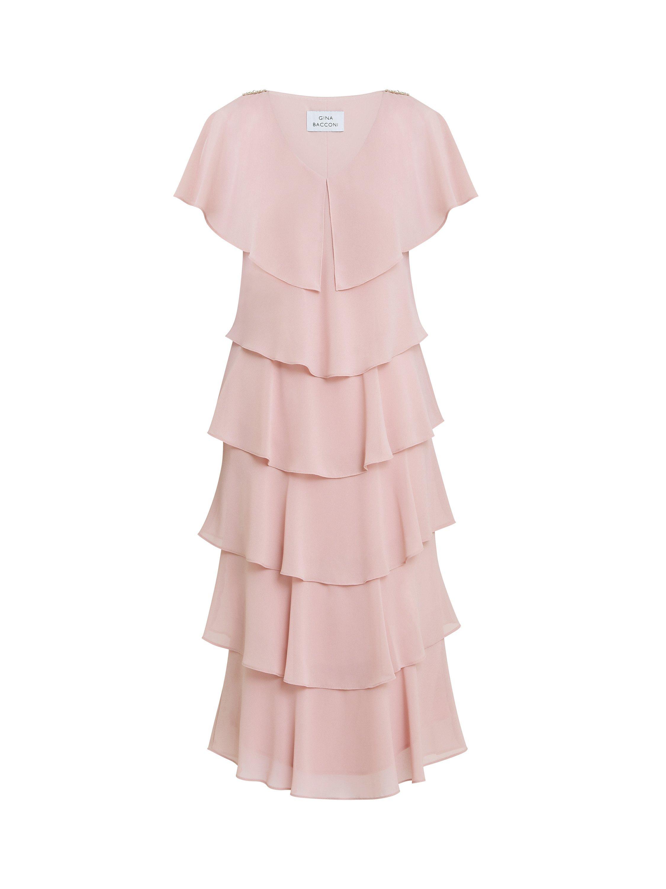 Product image 4 of 5, which shows Gina Bacconi Tessa Tiered Shoulder Trim Midi Dress, Rose Pink, 8
