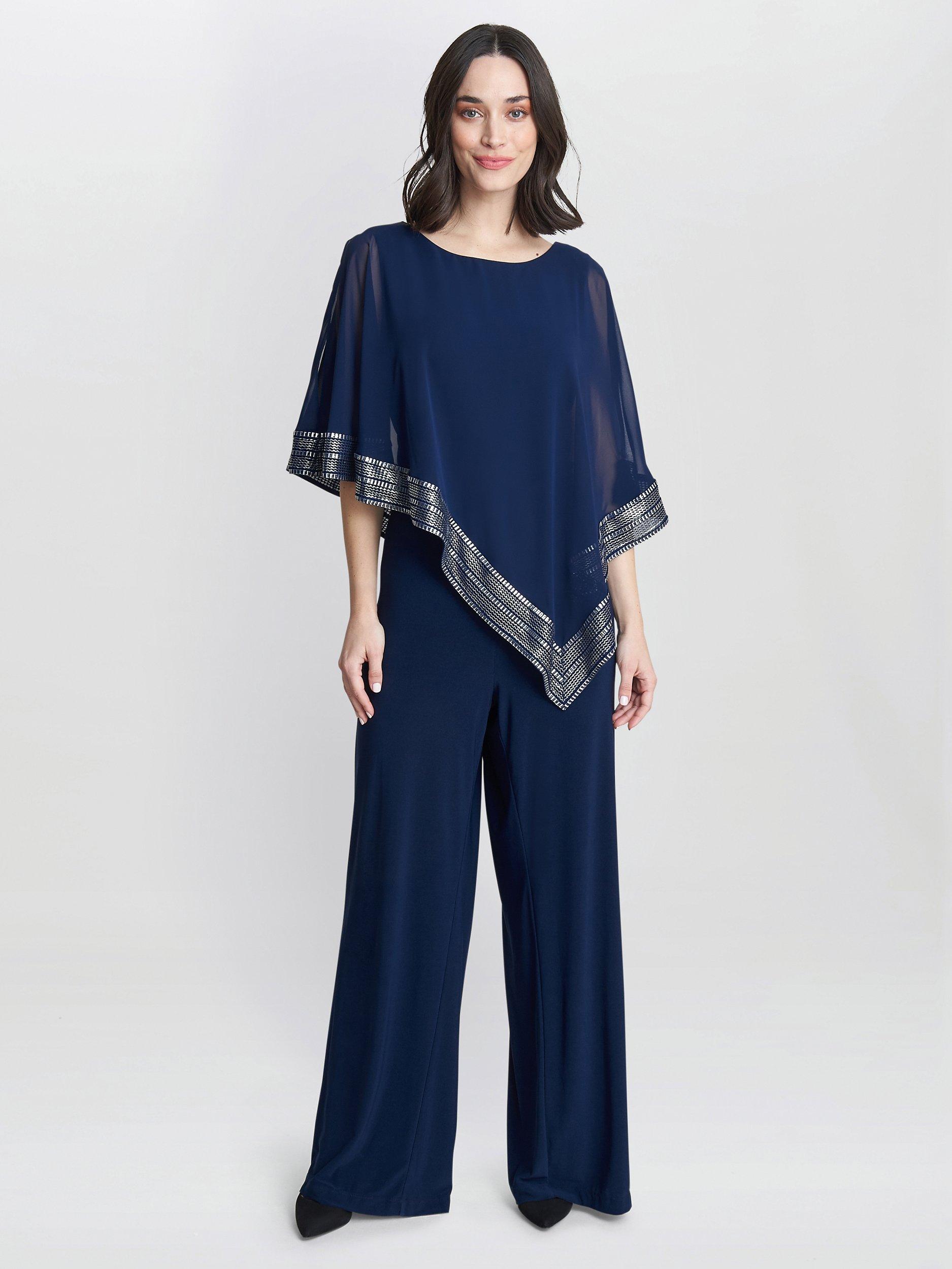 Product image 1 of 5, which shows Gina Bacconi Eve Asymmetrical Foil Trim Cape Jumpsuit, Navy/Silver, 8