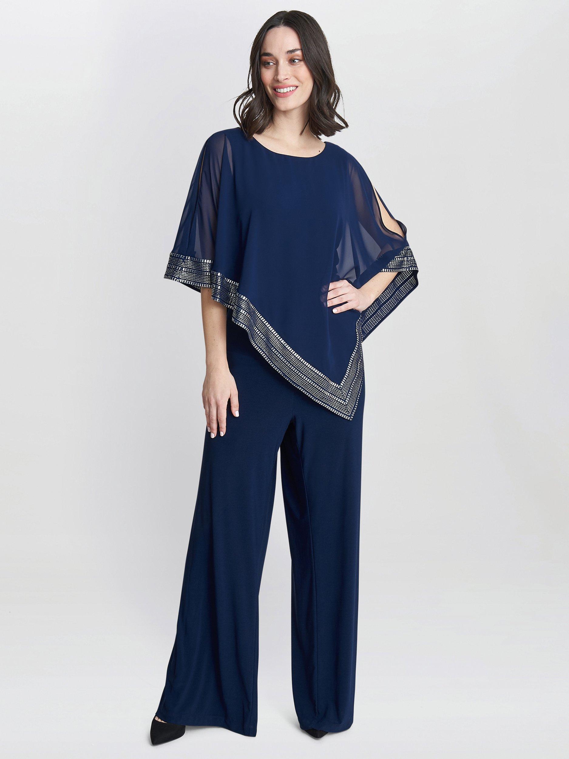 Product image 3 of 5, which shows Gina Bacconi Eve Asymmetrical Foil Trim Cape Jumpsuit, Navy/Silver, 8