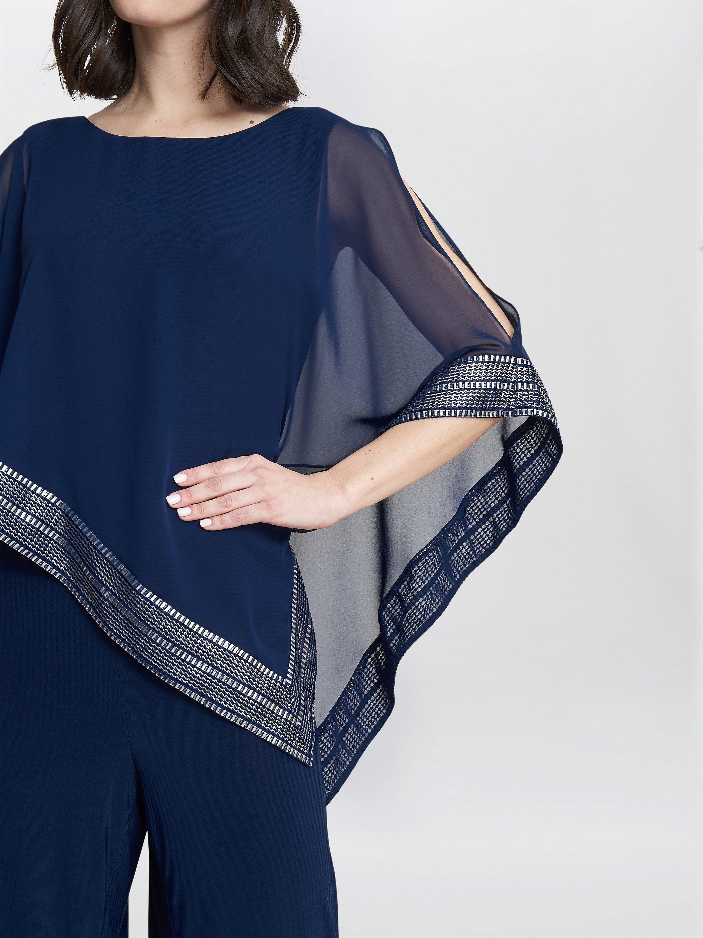 Product image 5 of 5, which shows Gina Bacconi Eve Asymmetrical Foil Trim Cape Jumpsuit, Navy/Silver, 8